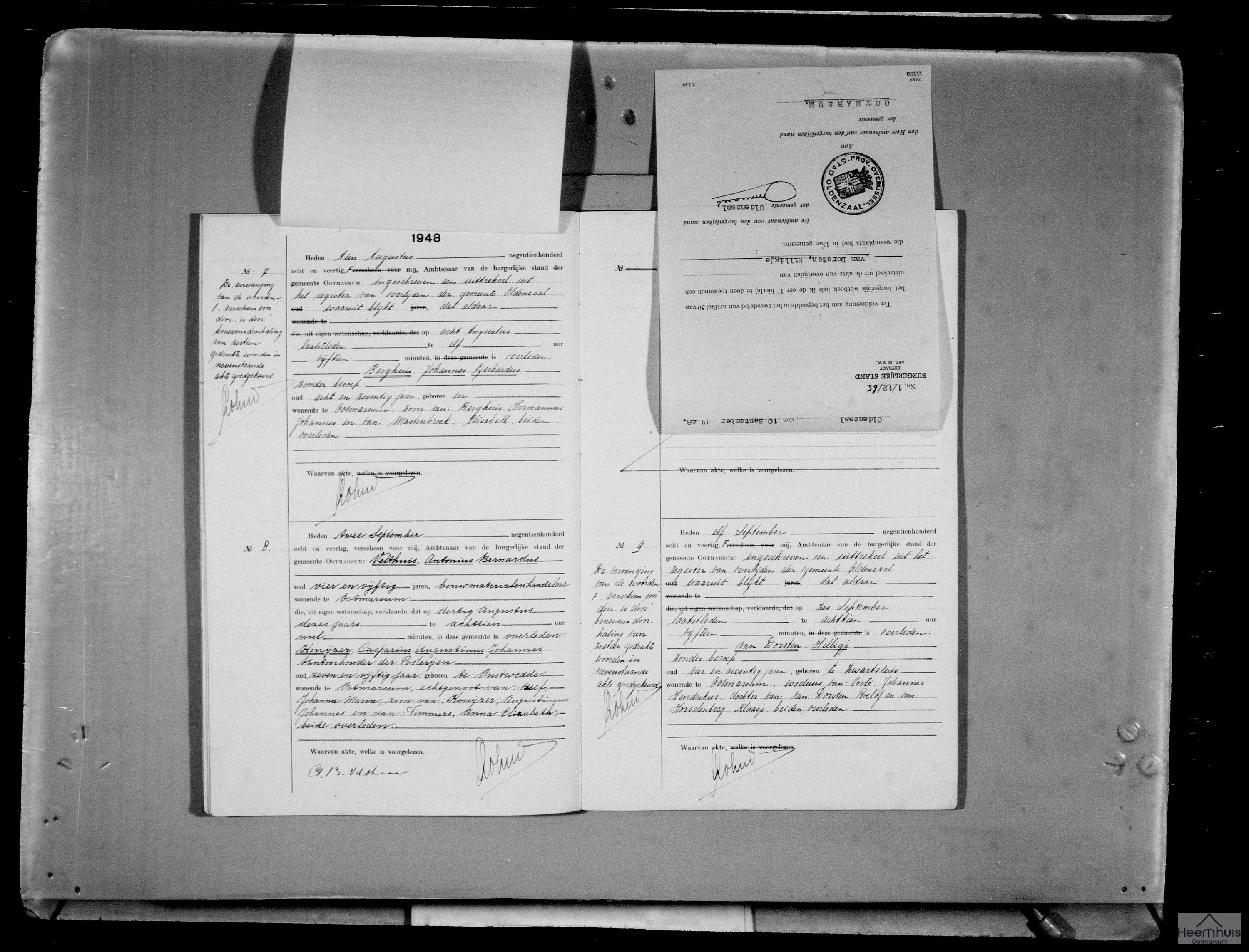 Overlijdensakte van Johannes Gerhardus Berghuis