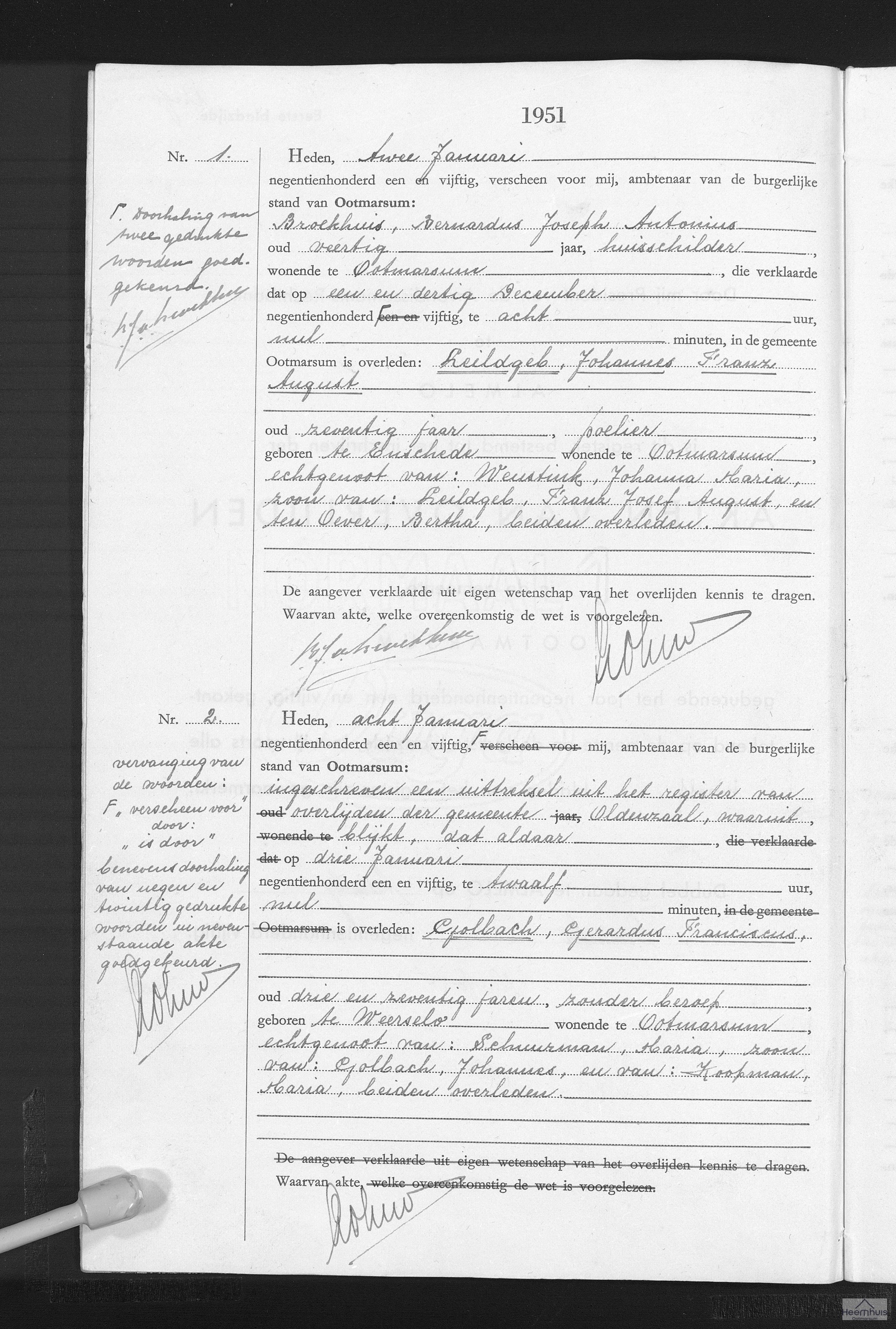 Overlijdensakte van Gerardus Franciscus Golbach