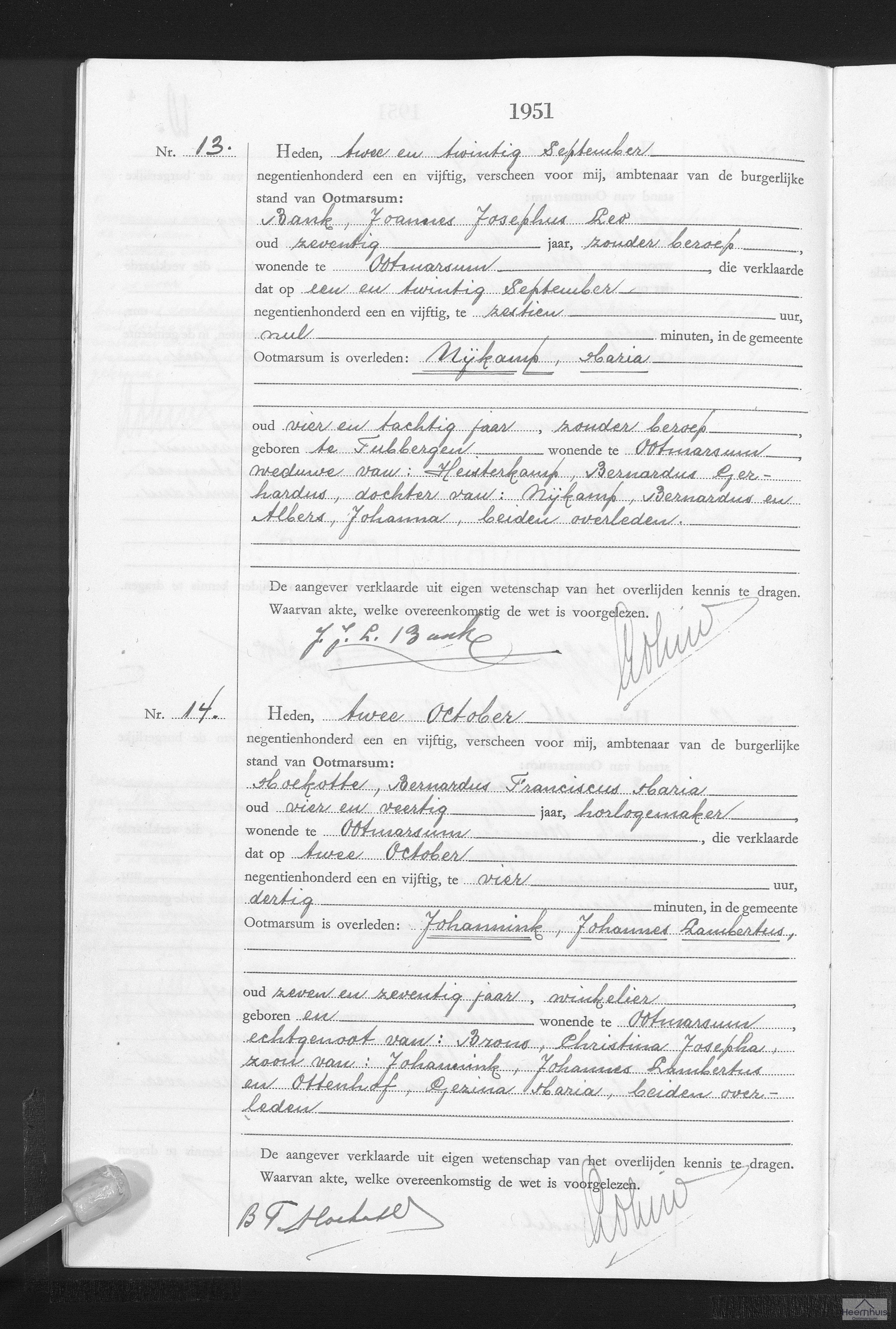 Overlijdensakte van Johannes Lambertus Johannink Overlijdensakte van Johannes Lambertus Johannink