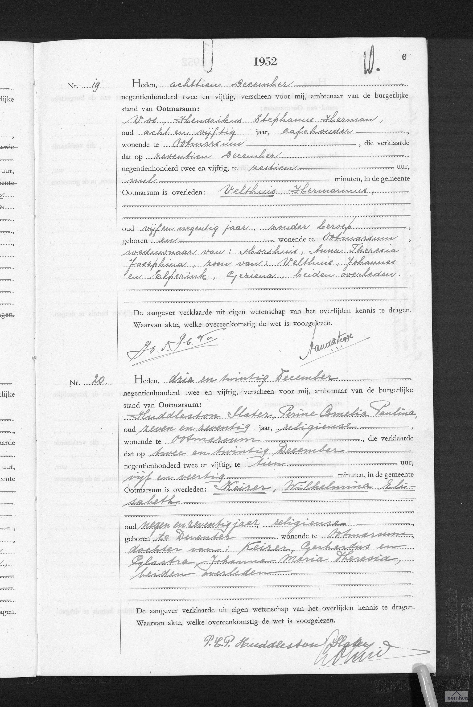 Overlijdensakte van Hermannus Velthuis