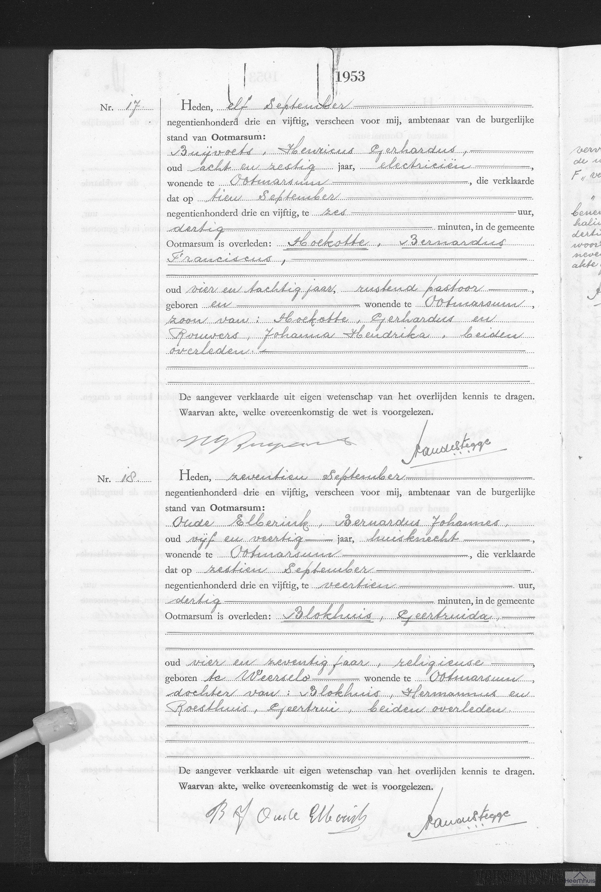 Overlijdensakte van Bernardus Franciscus Moekotte