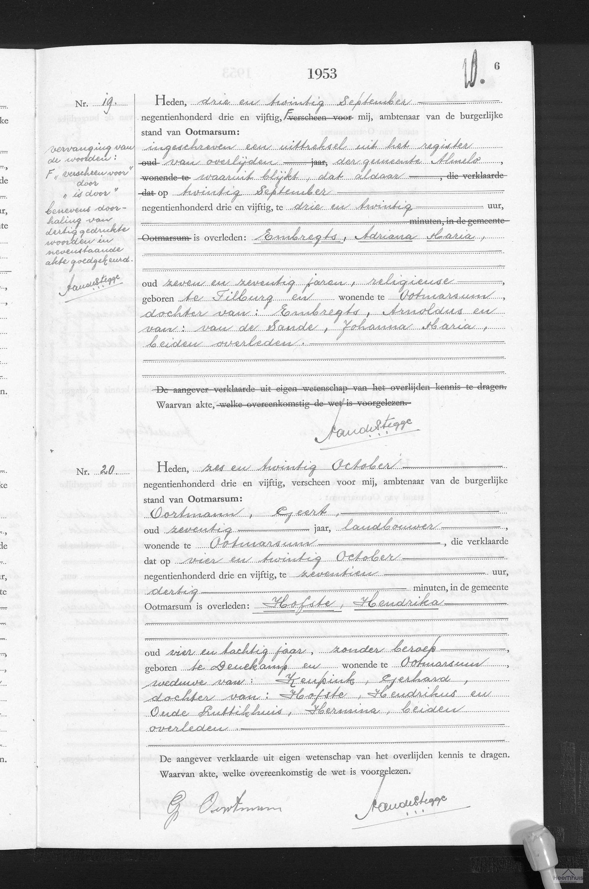 Overlijdensakte van Hendrika Hofste