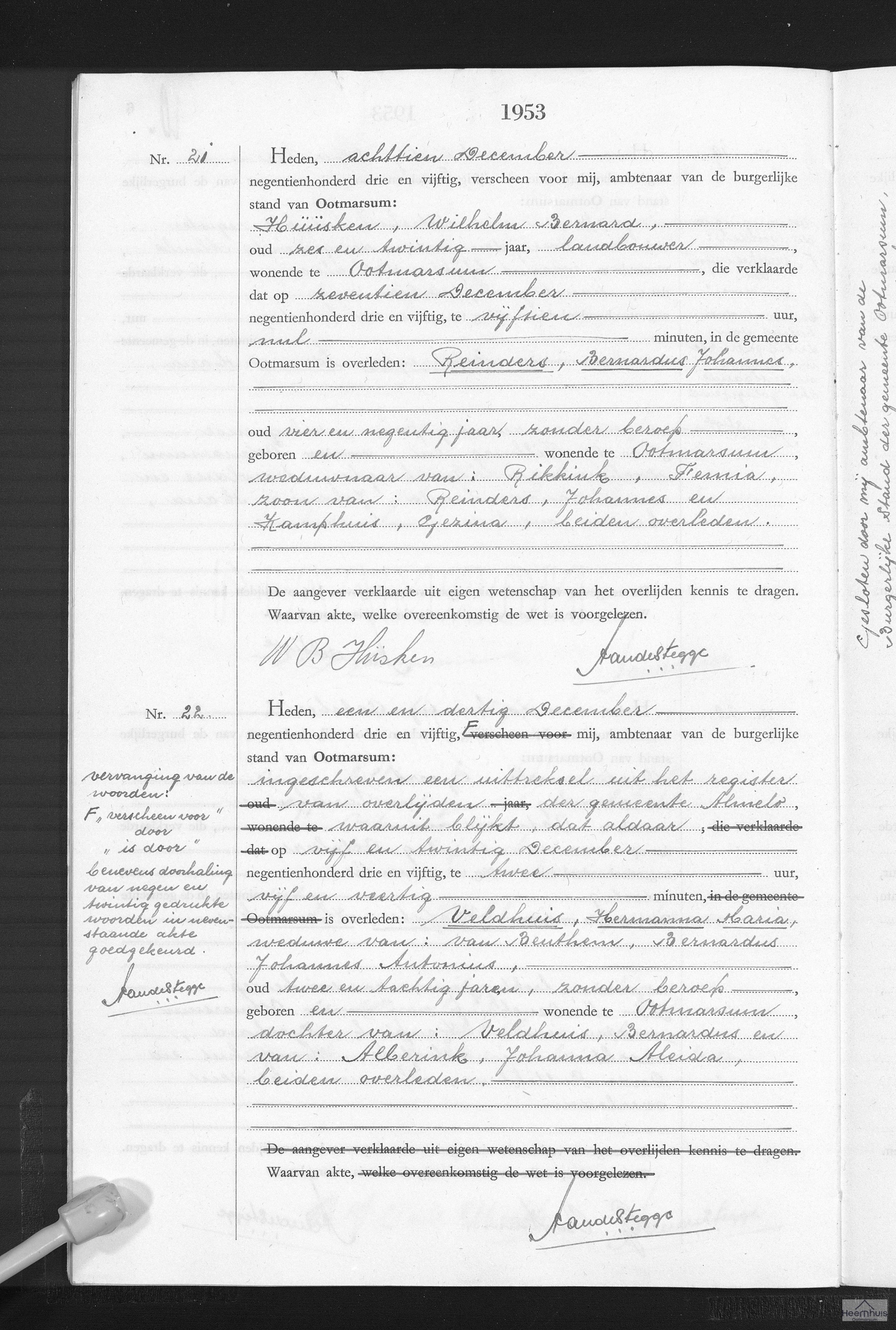 Overlijdensakte van Hermanna Maria Veldhuis