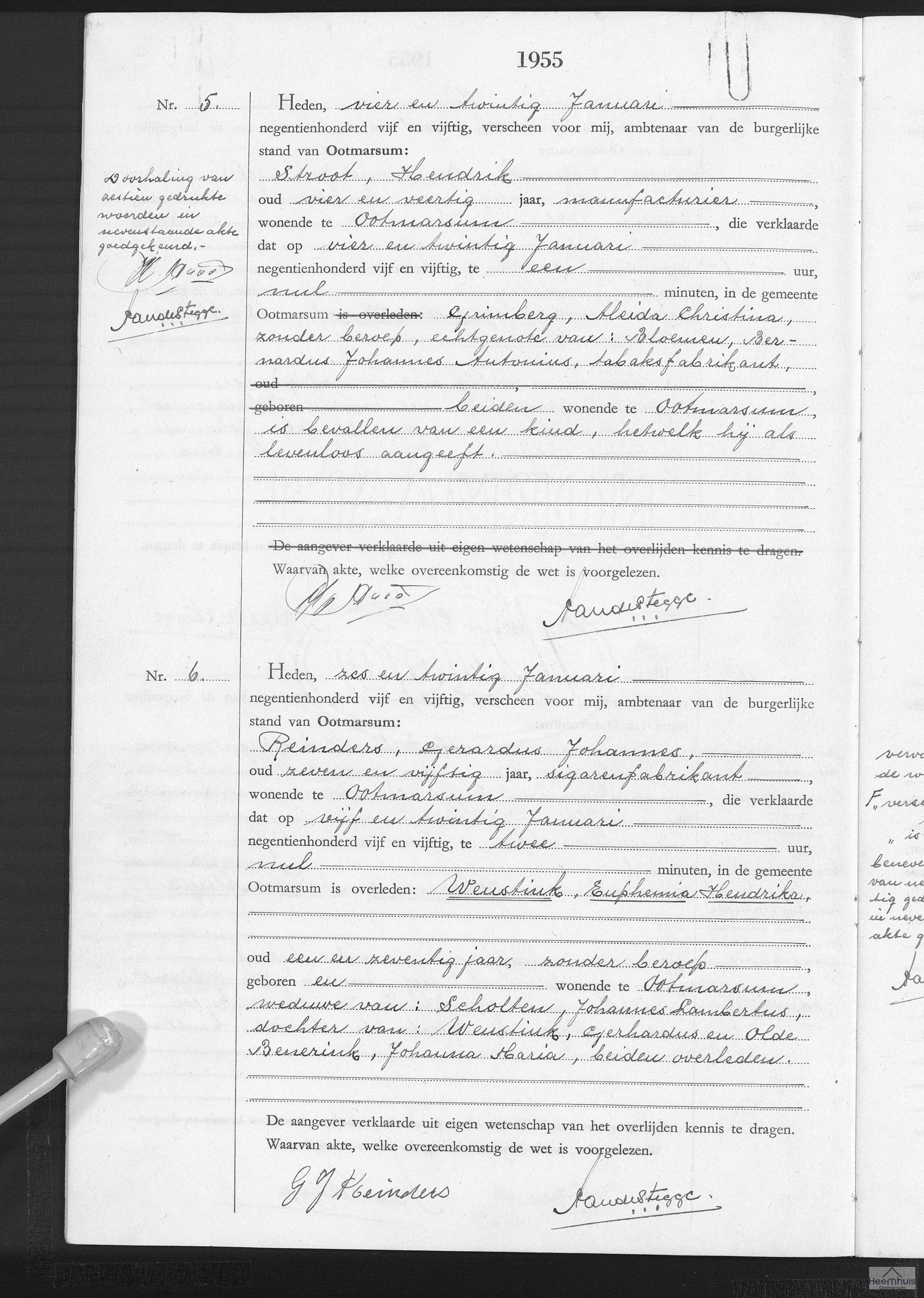 Overlijdensakte van levenloos geboren kind Bloemen