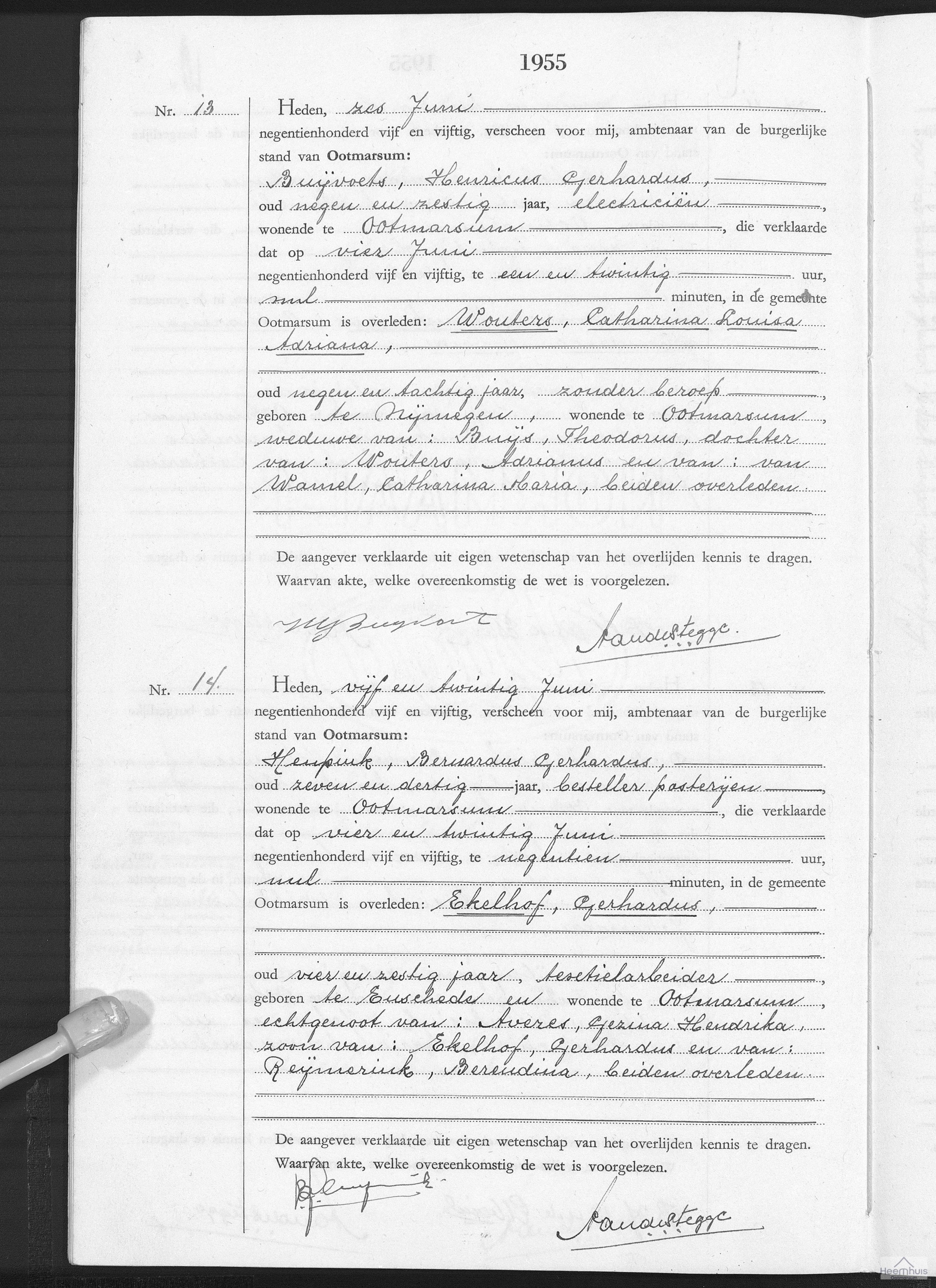 Overlijdensakte van Gerhardus Ekelhof