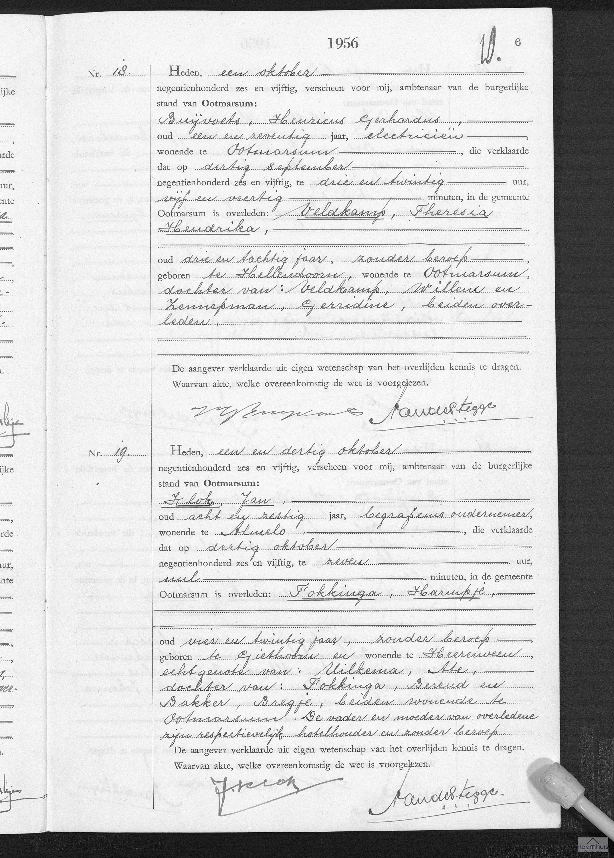 Overlijdensakte van Theresia Hendrika Veldkamp