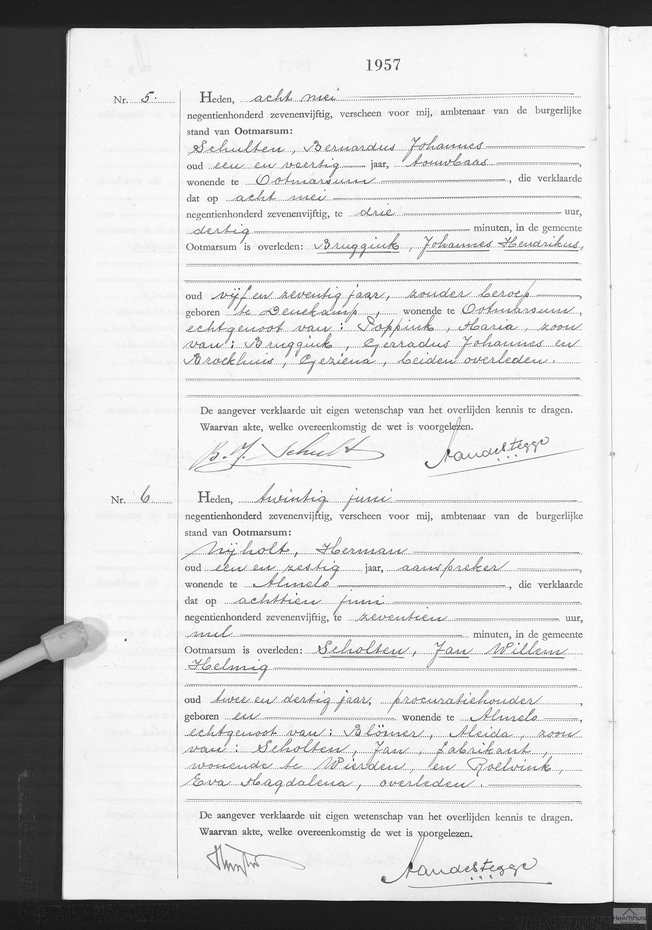 Overlijdensakte van Johannes Hendrikus Bruggink