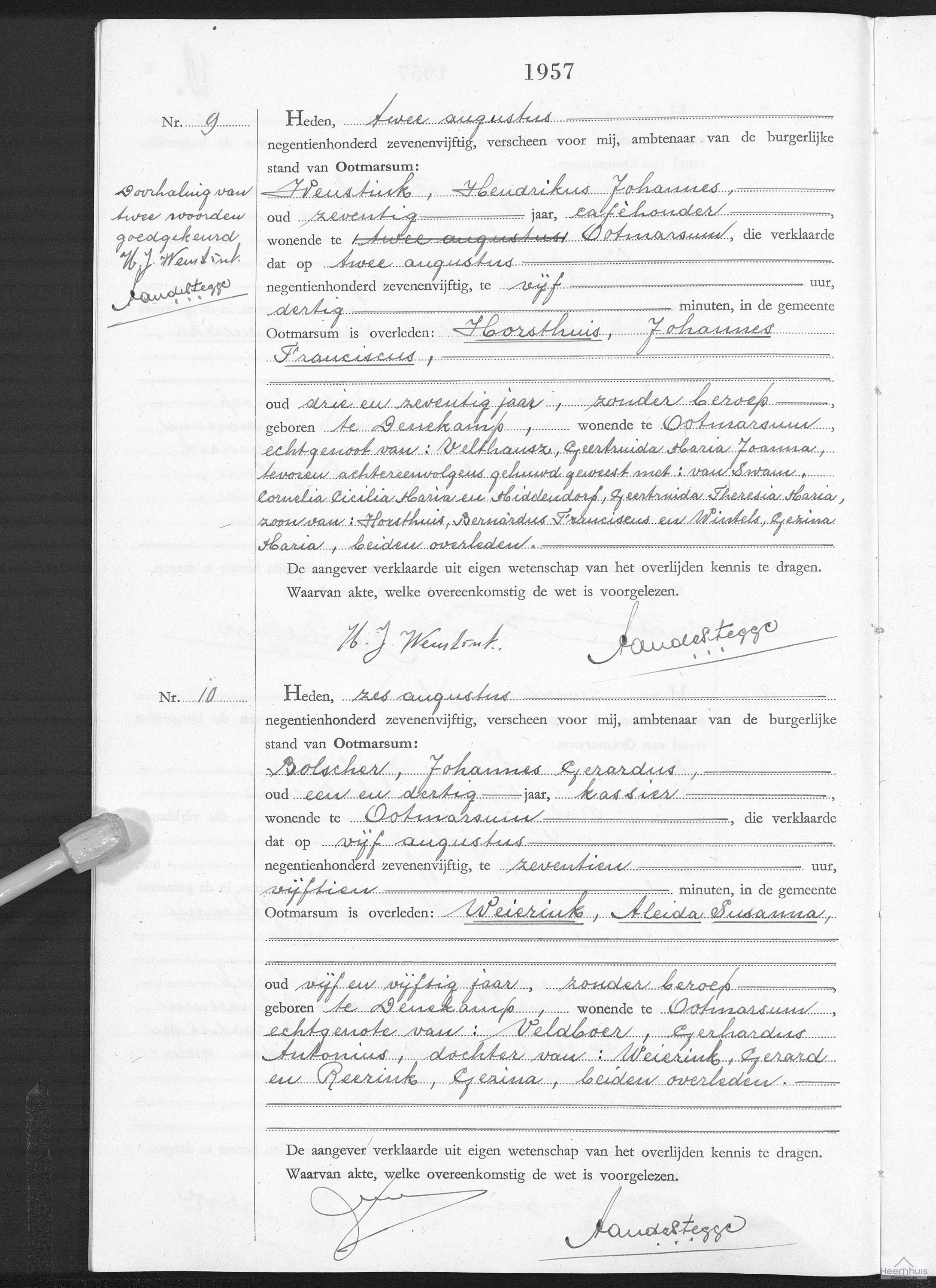 Overlijdensakte van Johannes Franciscus Horsthuis