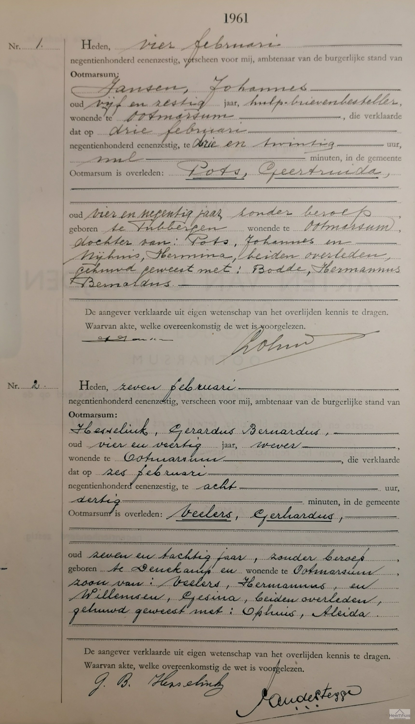 Overlijdensakte van Gerhardus Veelers