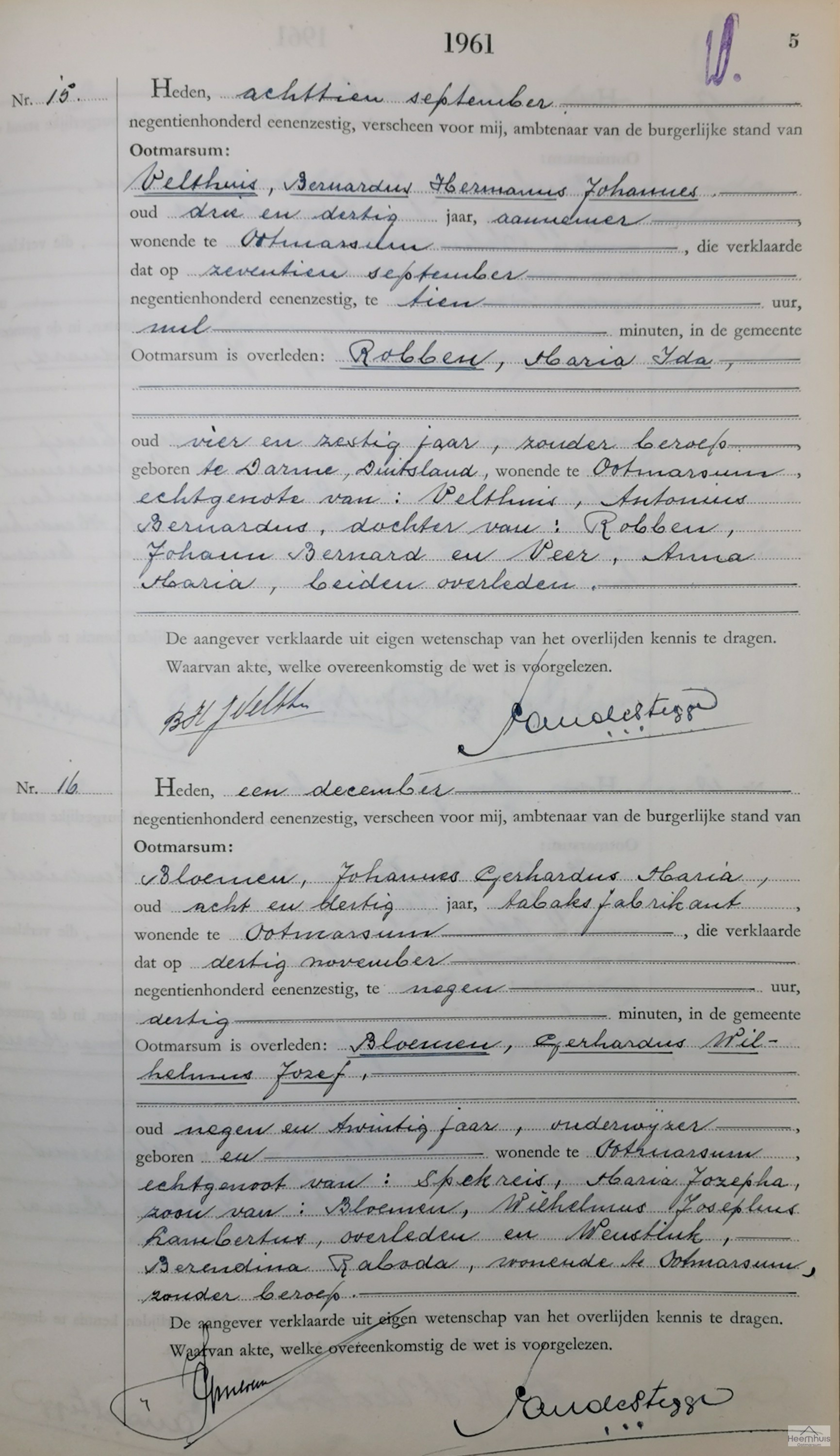 Overlijdensakte van Gerhardus Wilhelmus Jozef Bloemen