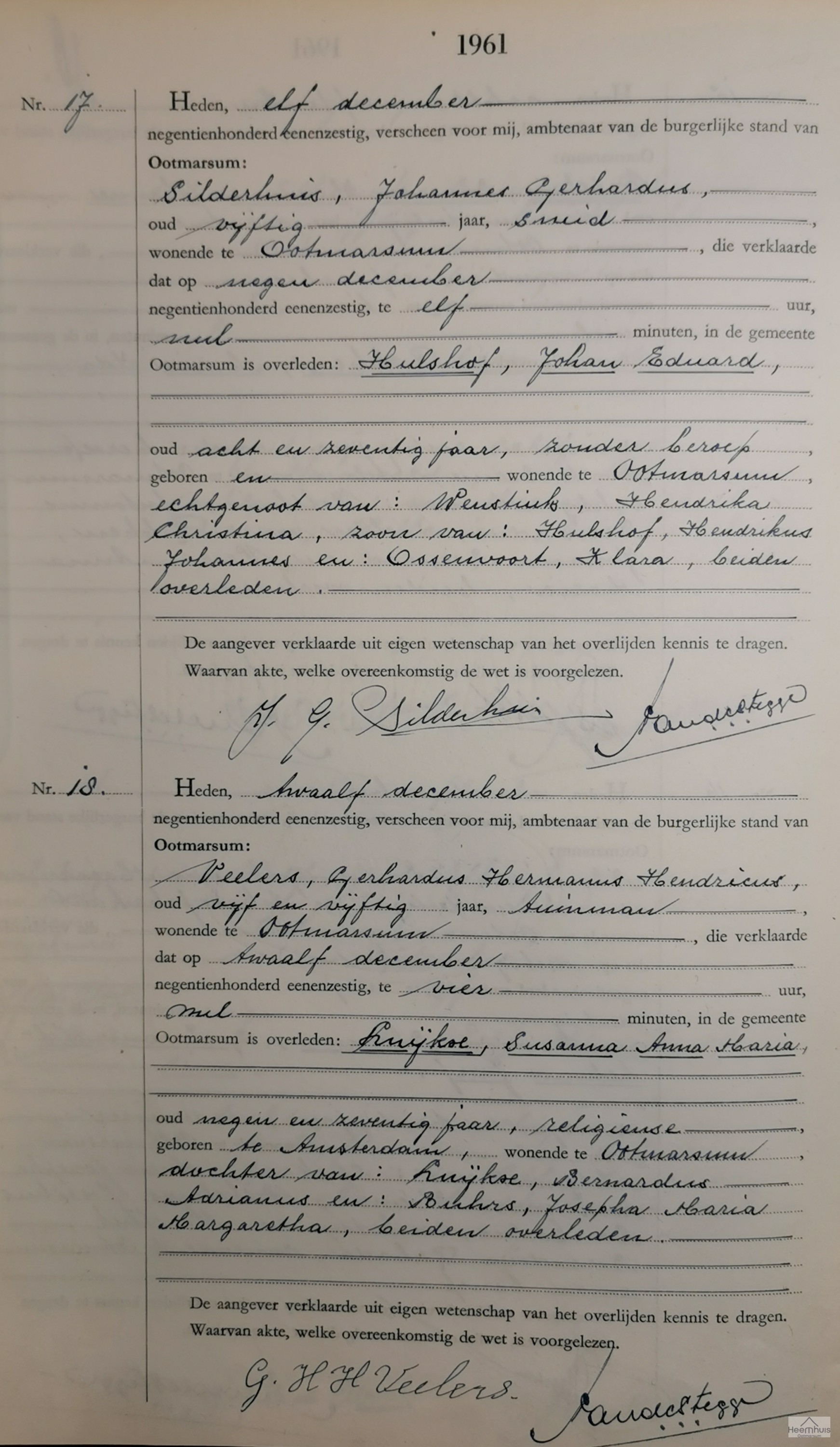 Overlijdensakte van Johan Eduard Hulshof