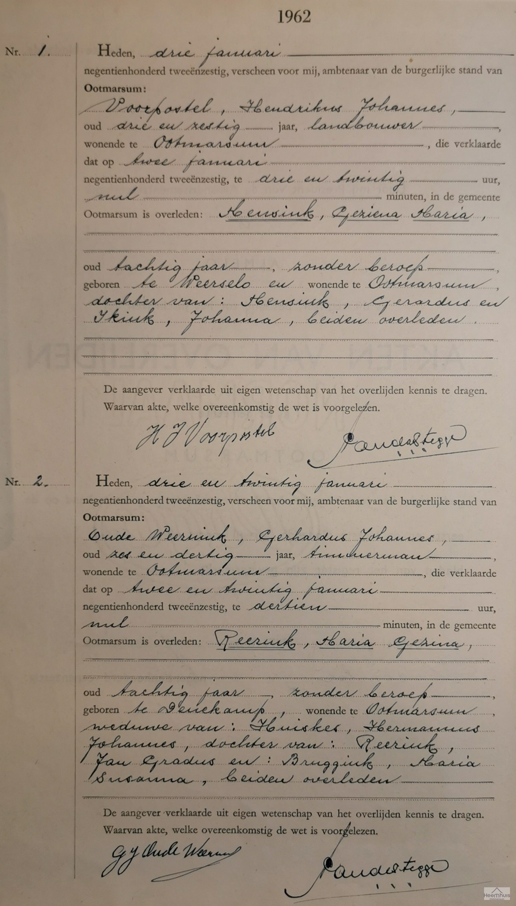 Overlijdensakte van Geziena Maria Mensink