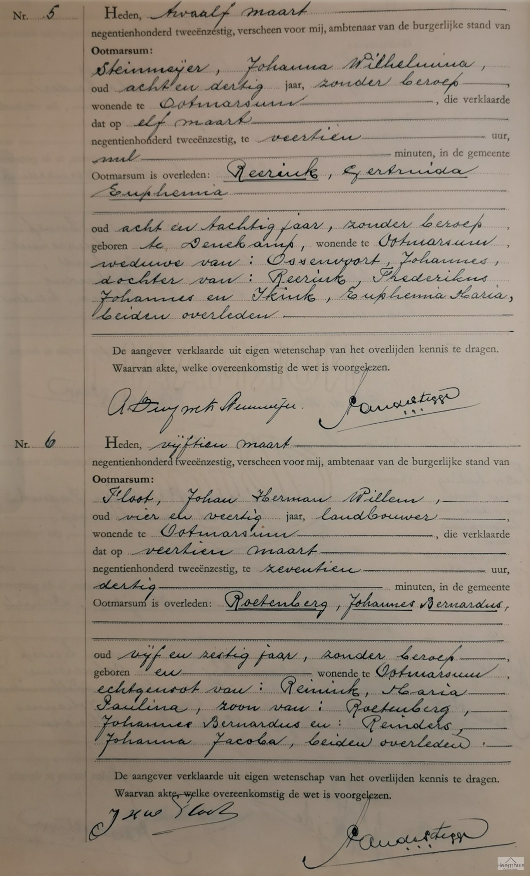 Overlijdensakte van Johannes Bernardus Roetenberg