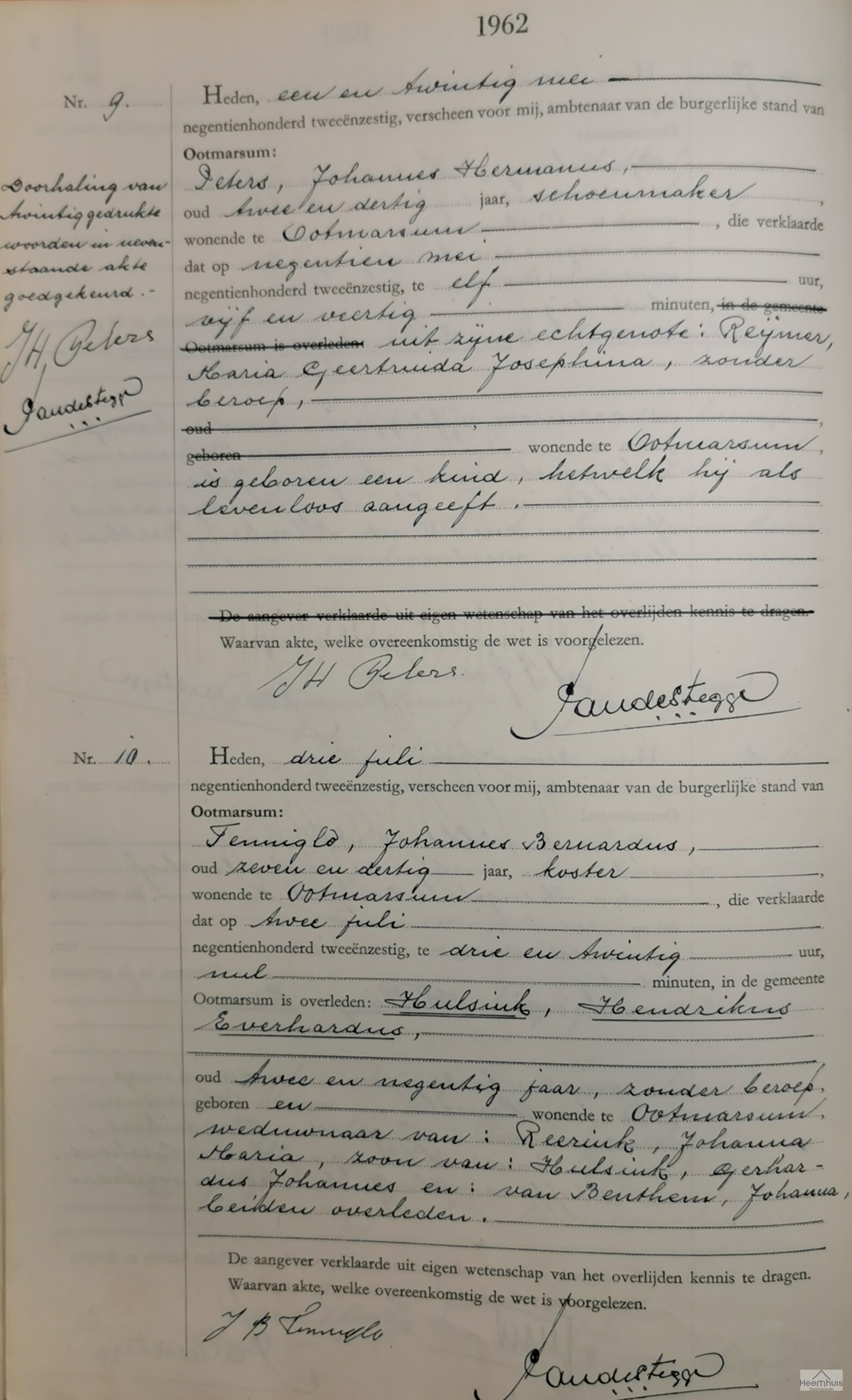 Overlijdensakte van Hendrikus Everhardus Hulsink