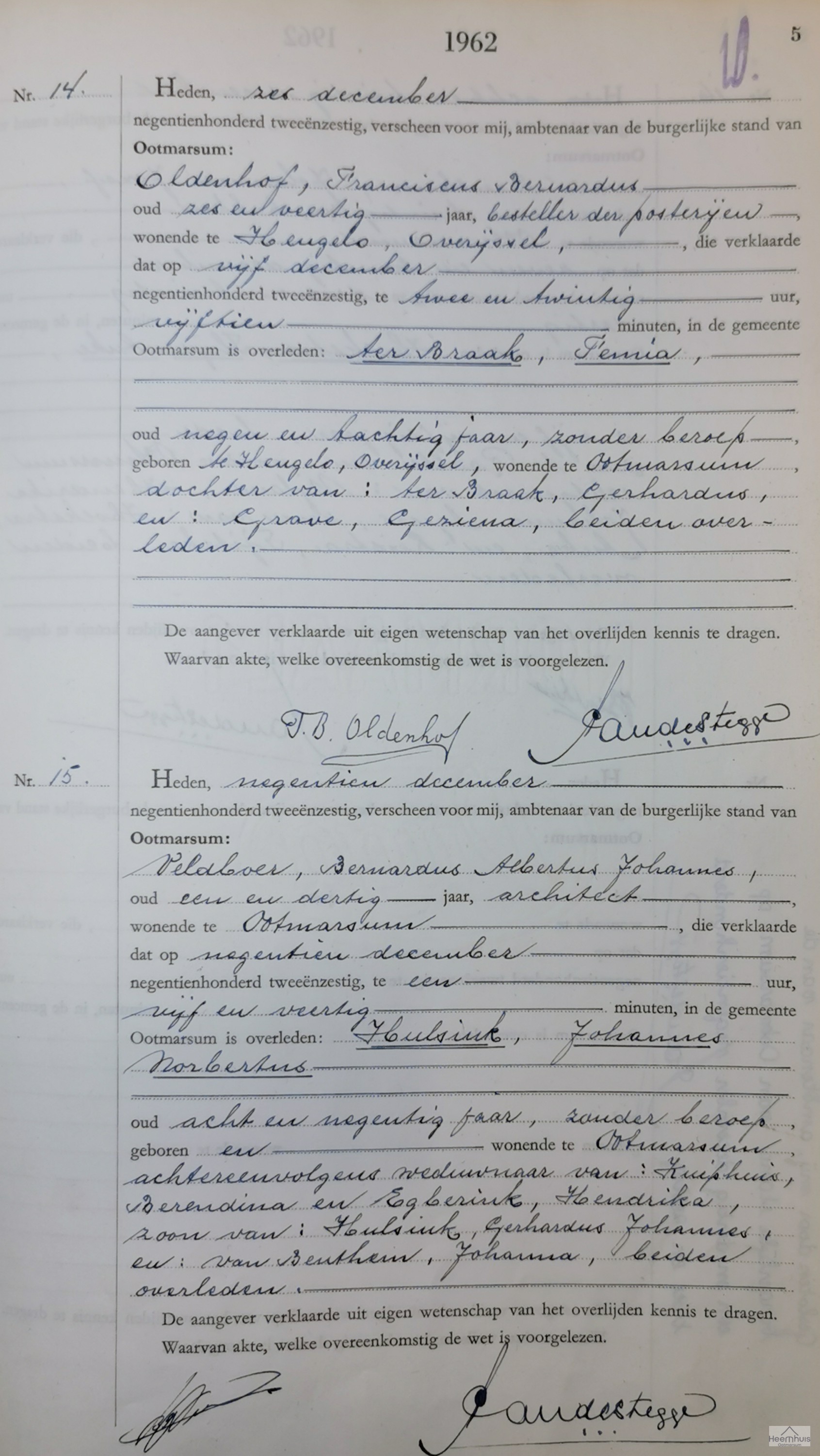 Overlijdensakte van Johannes Norbertus Hulsink