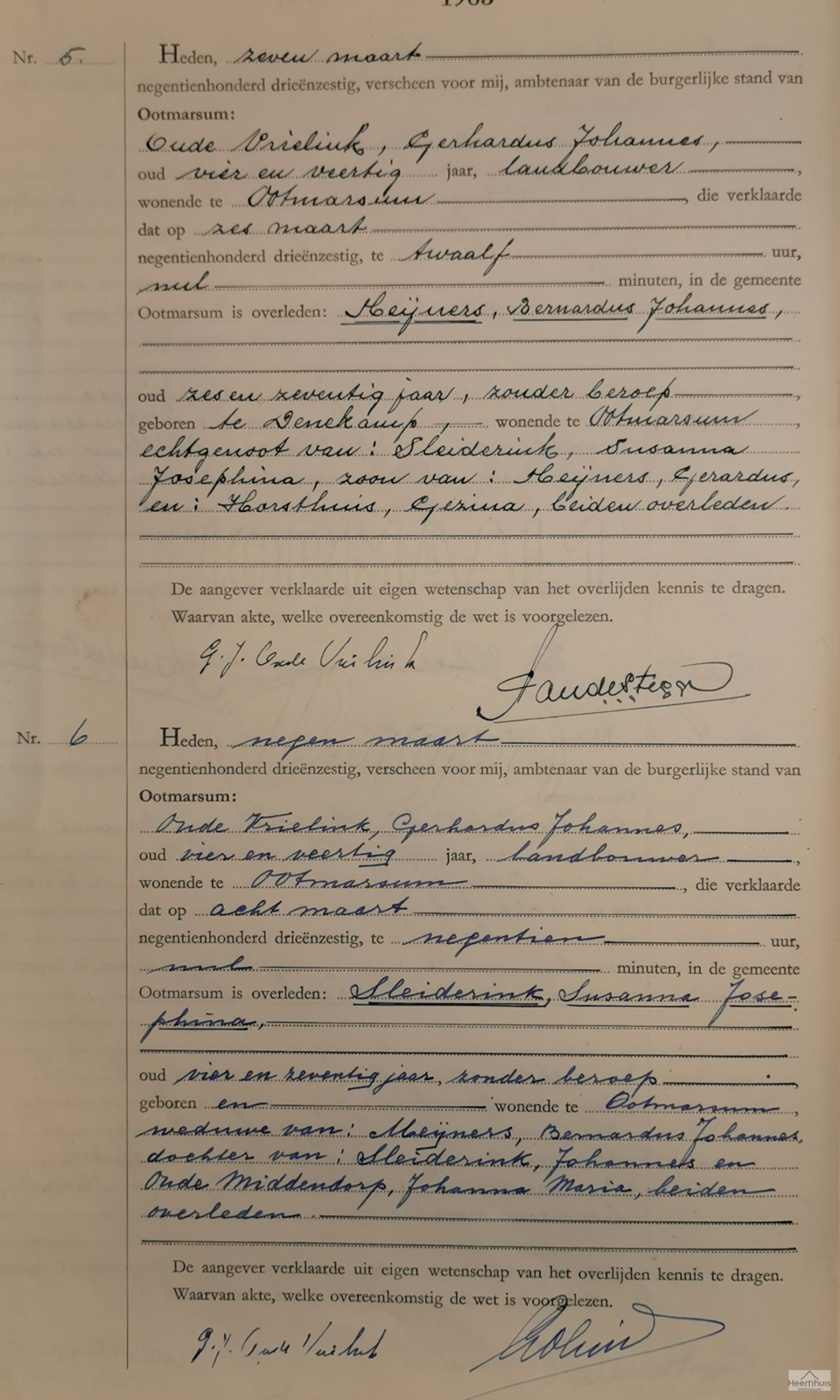 Overlijdensakte van Susanna Josephina Sleiderink