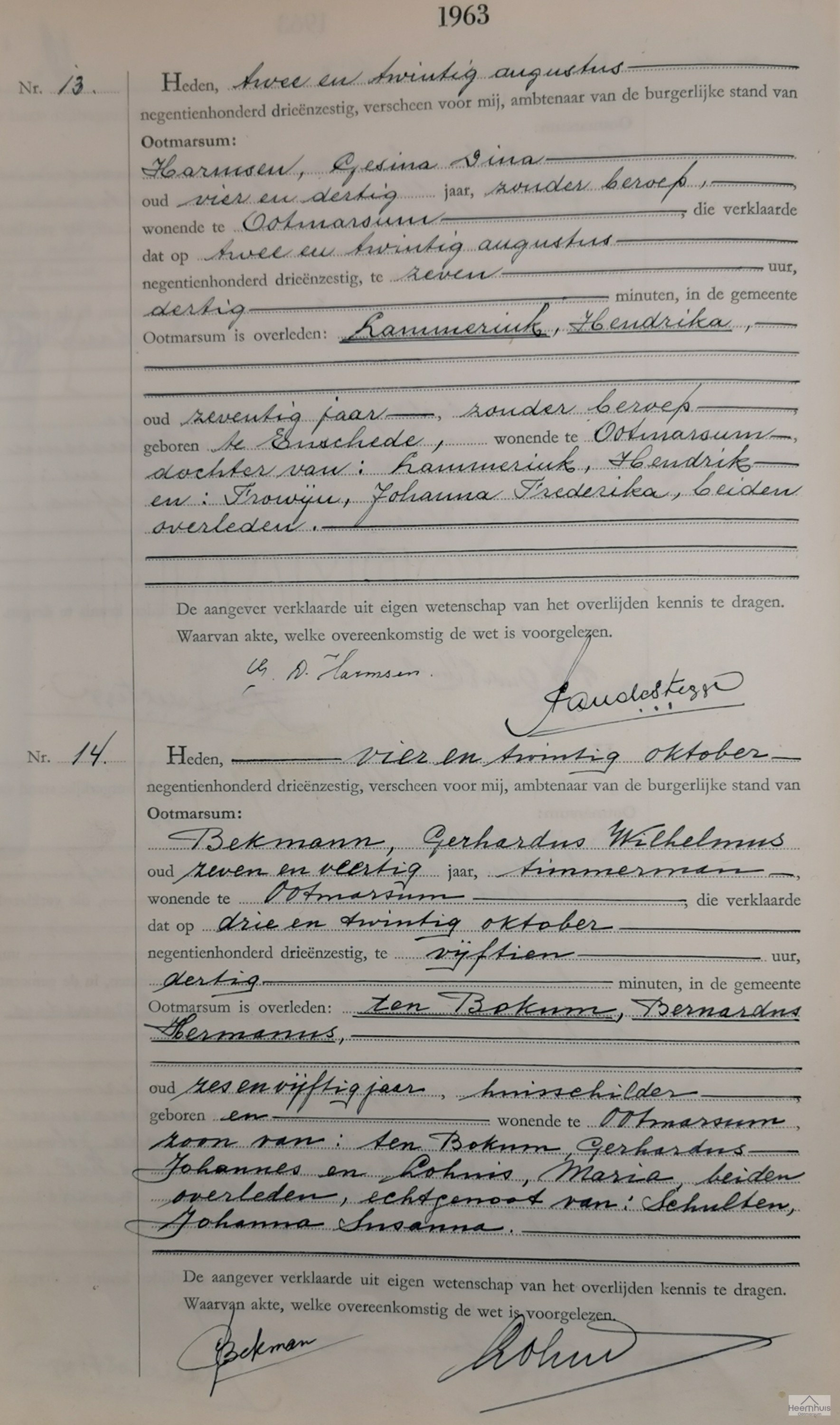 Overlijdensakte van Bernardus Harmanus ten Bokum