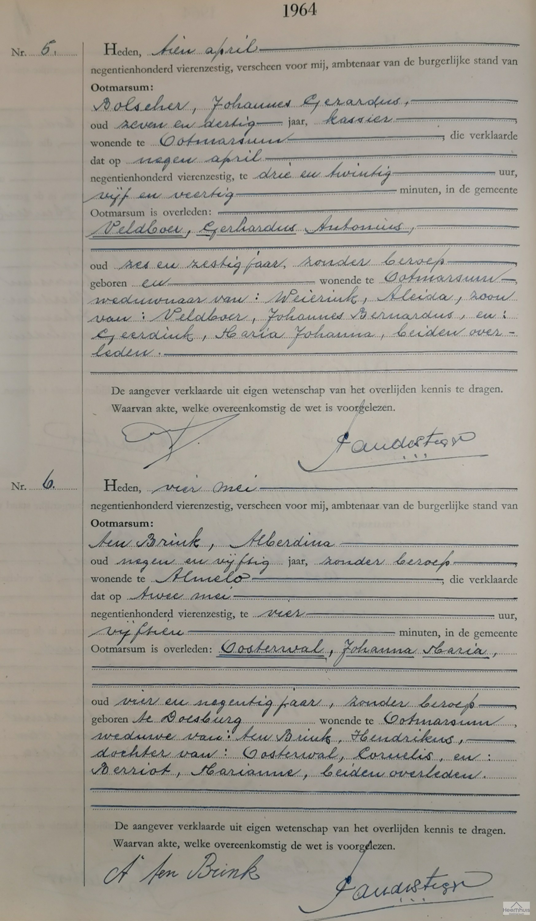 Overlijdensakte van Gerhardus Antonius Veldboer