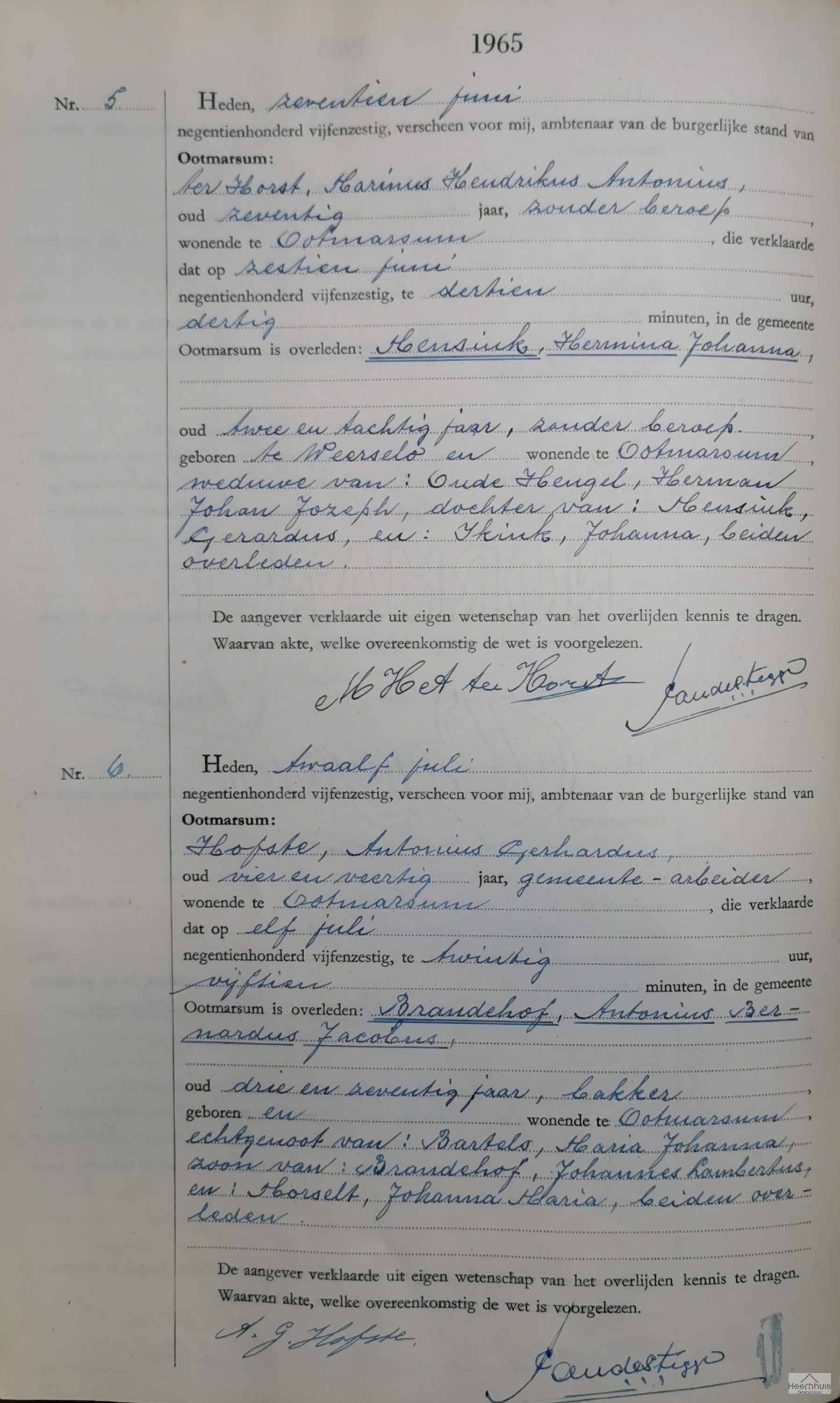 Overlijdensakte van Hermina Johanna Mensink