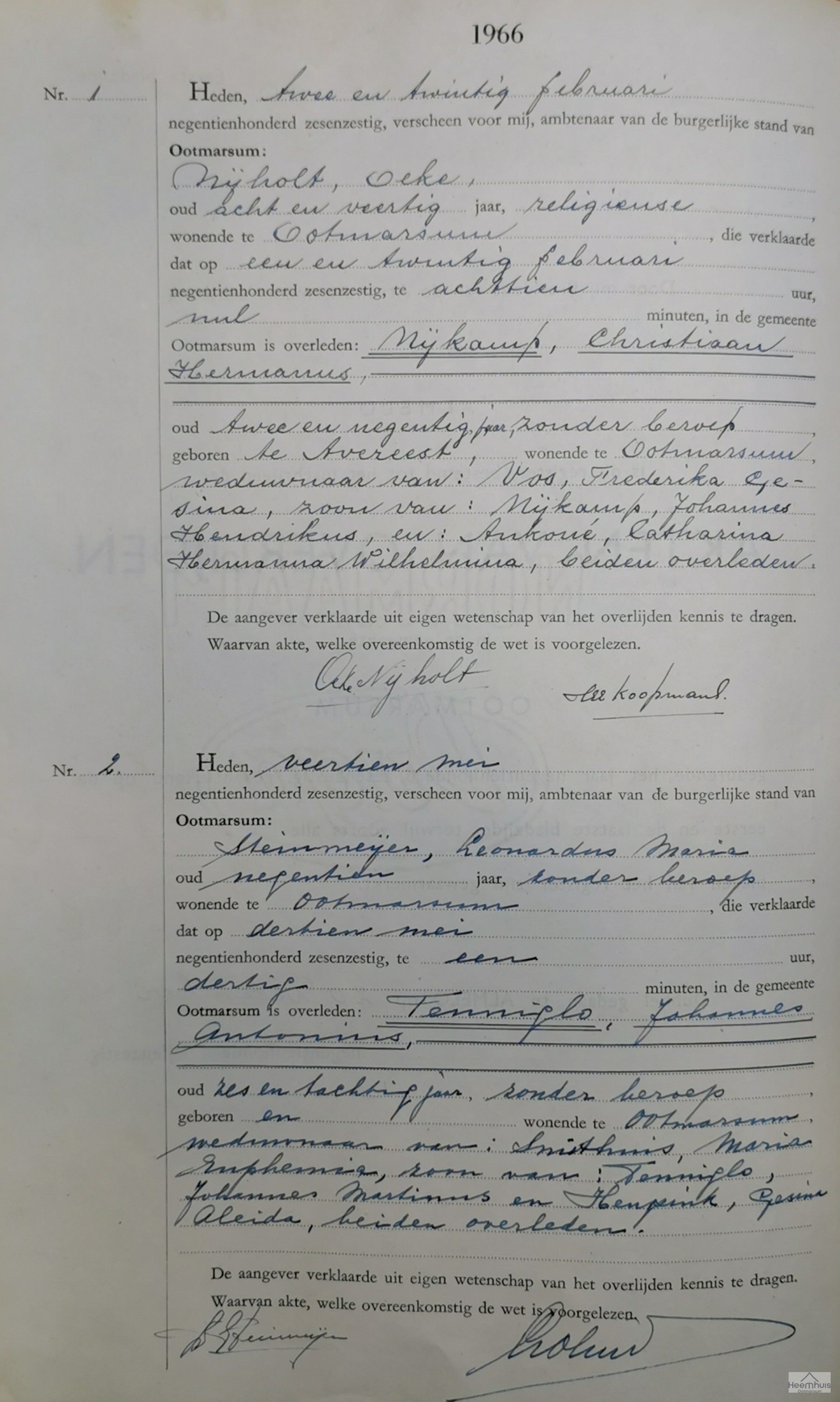 Overlijdensakte van Johannes Antonius Tenniglo