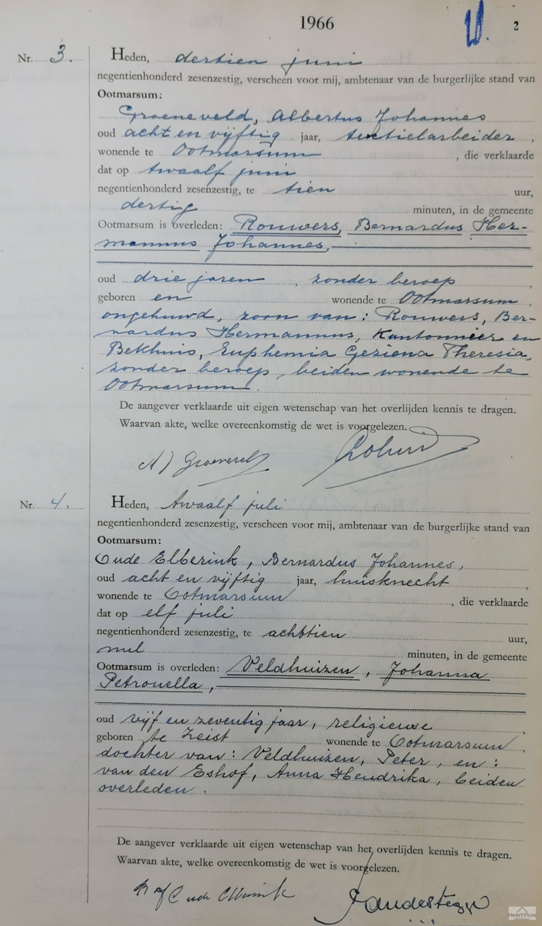 Overlijdensakte van Bernardus Hermannus Johannes Rouwers