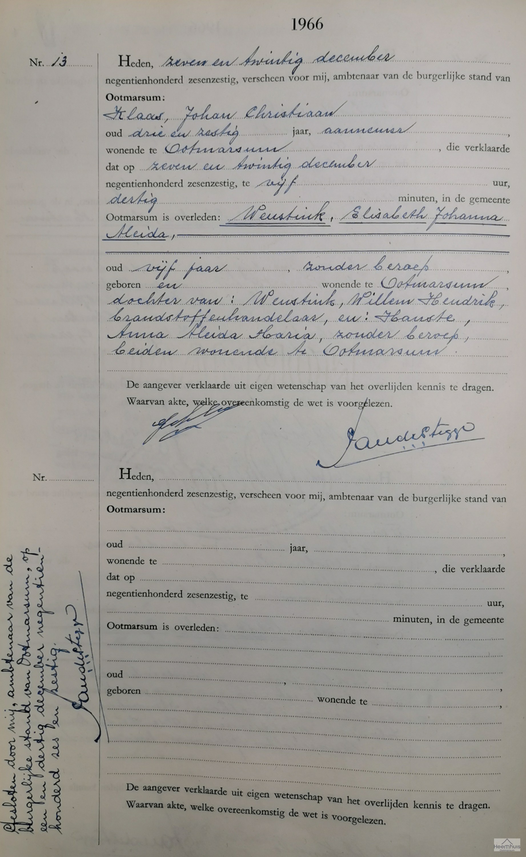 Overlijdensakte van Elisabeth Johanna Aleida Weustink