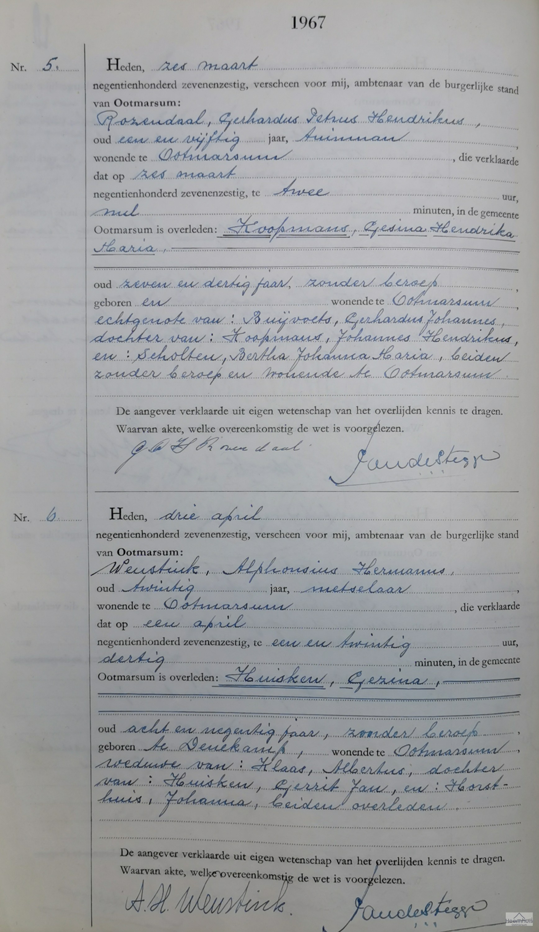 Overlijdensakte van Gezina Huisken