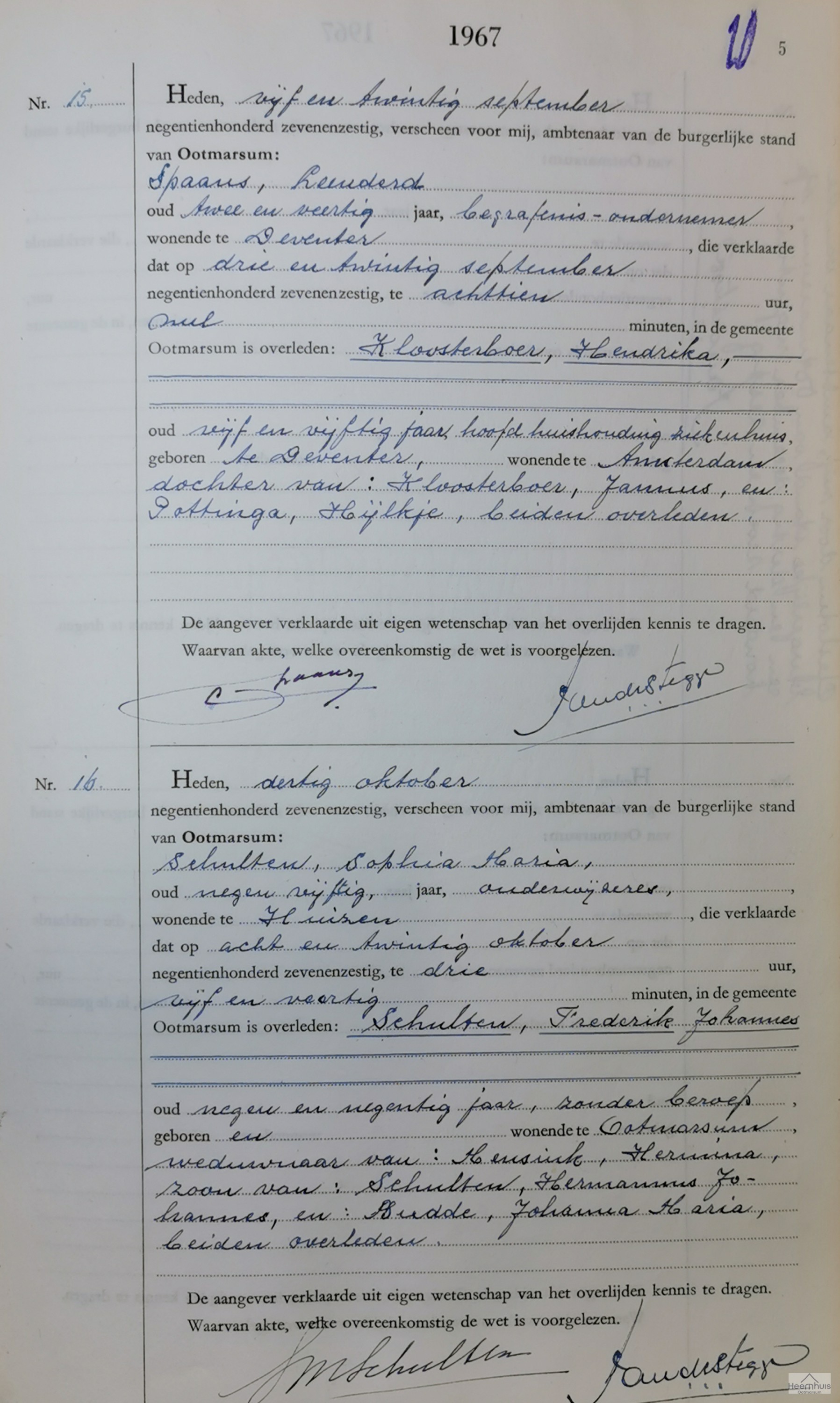 Overlijdensakte van Frederik Johannes Schulten