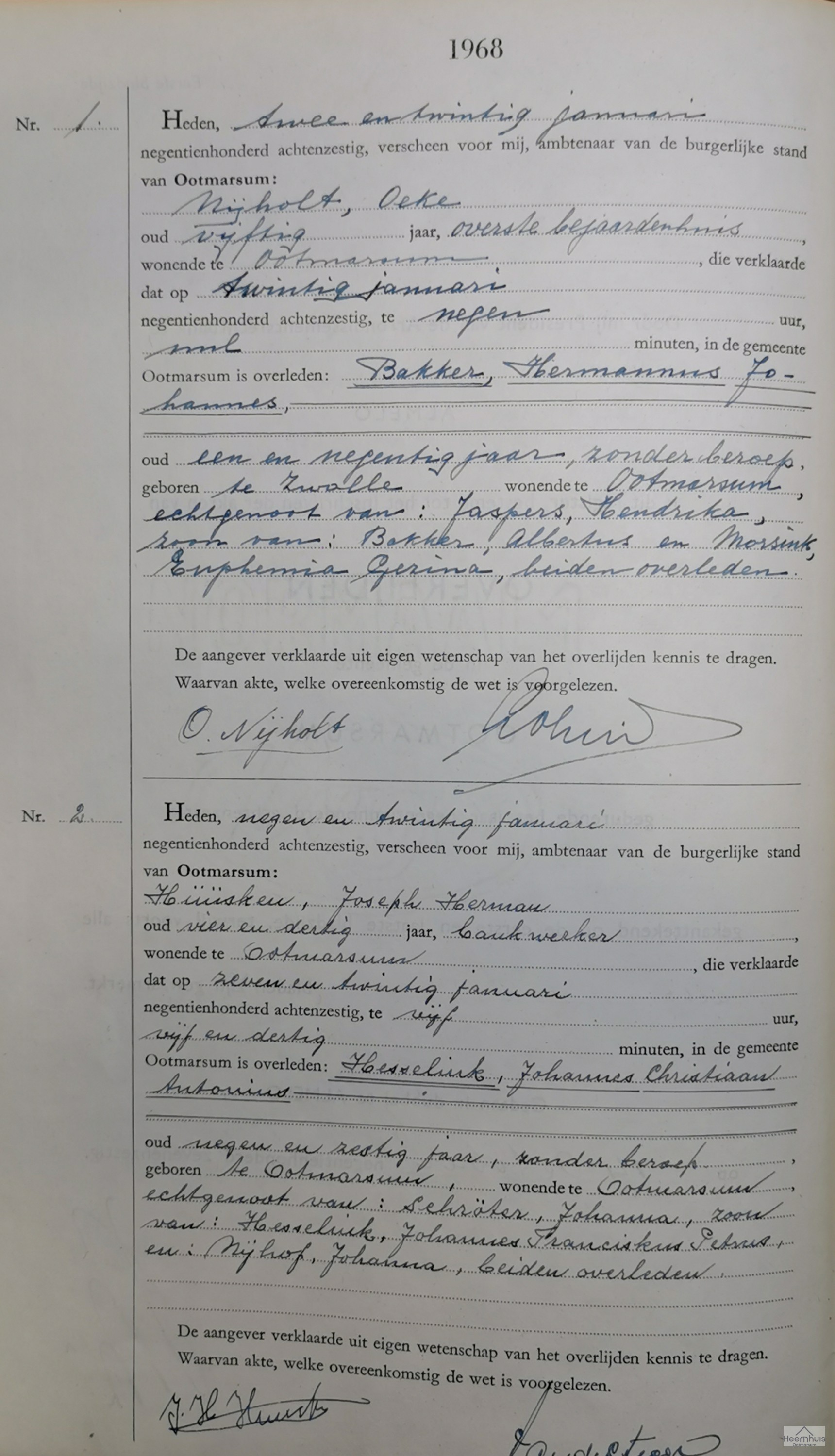 Overlijdensakte van Johannes Christiaan Antonius Hesselink