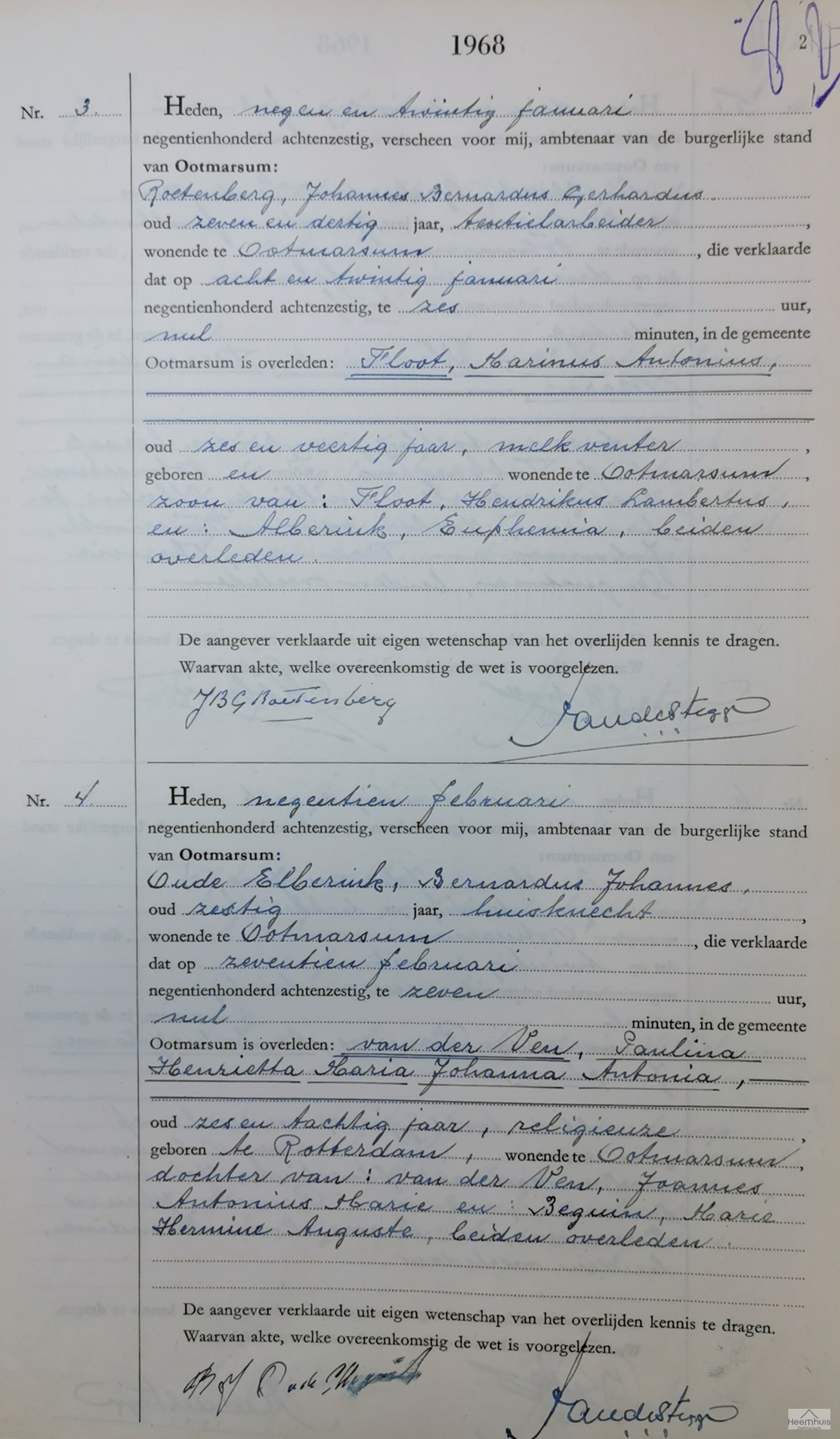 Overlijdensakte van Marinus Antonius Floot