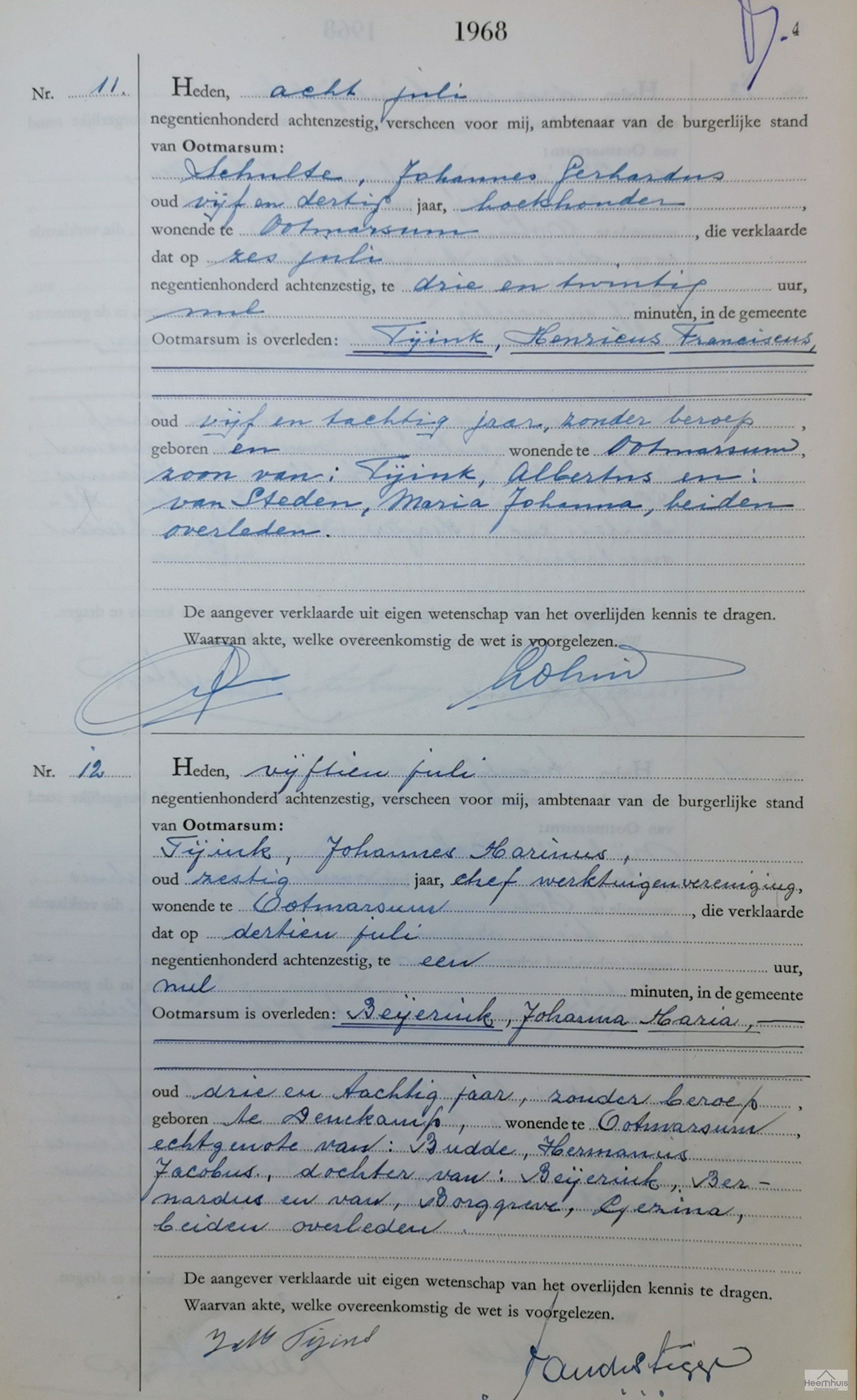 Overlijdensakte van Johanna Maria Beijerink