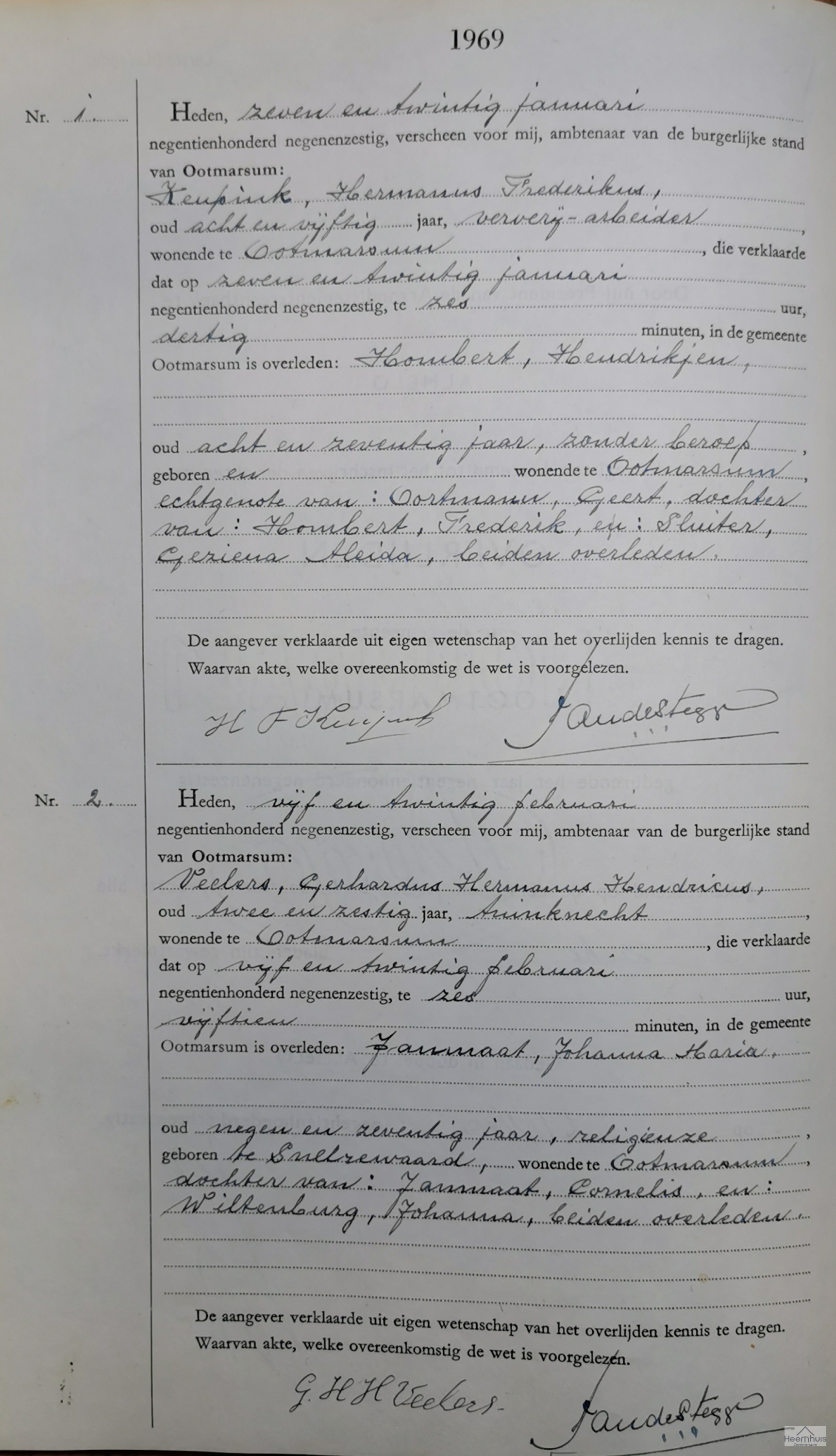 Overlijdensakte van Hendrikjen Hombert