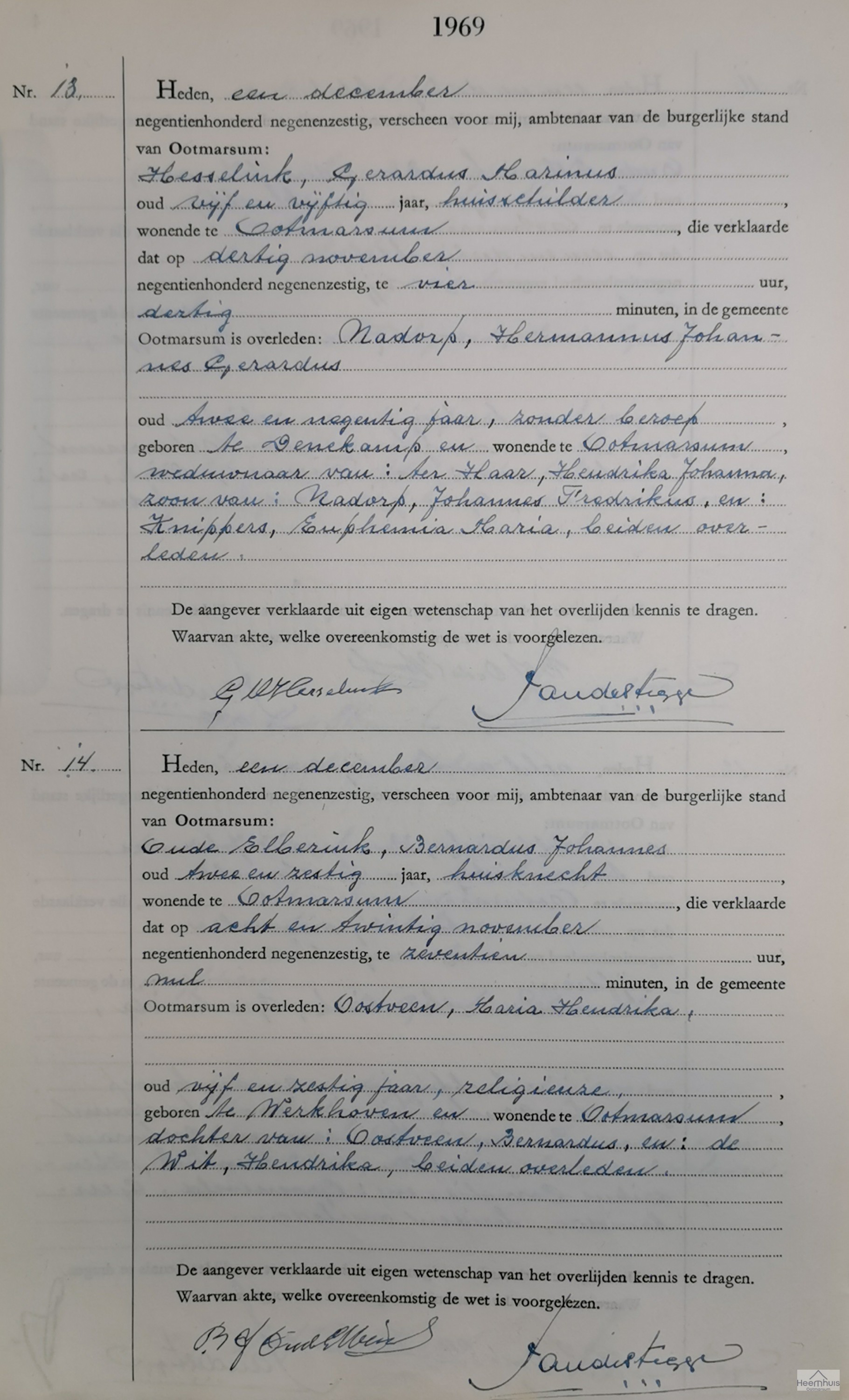 Overlijdensakte van Hermannus Johannes Gerardus Nadorp