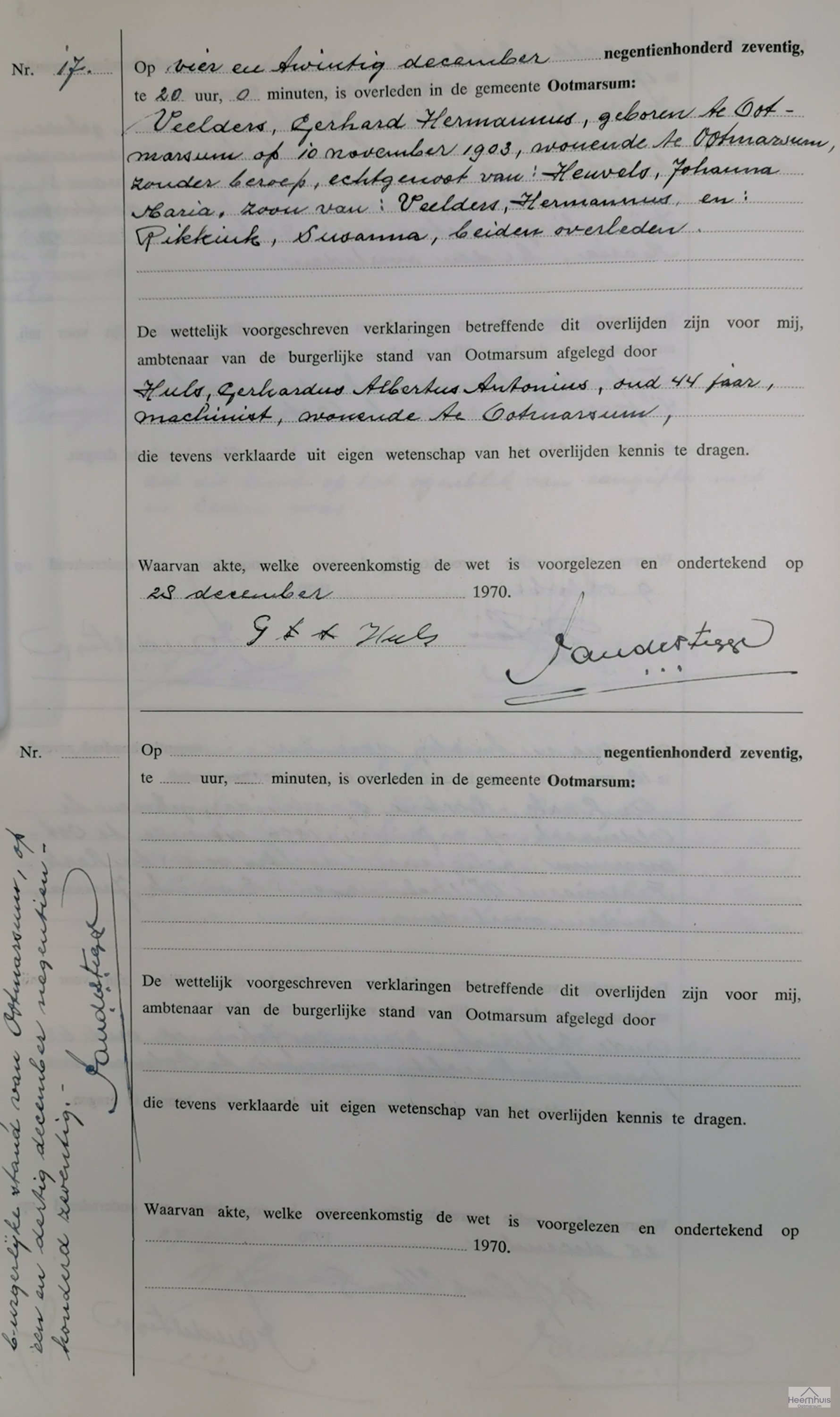 Overlijdensakte van Gerhard Hermannus Veelders