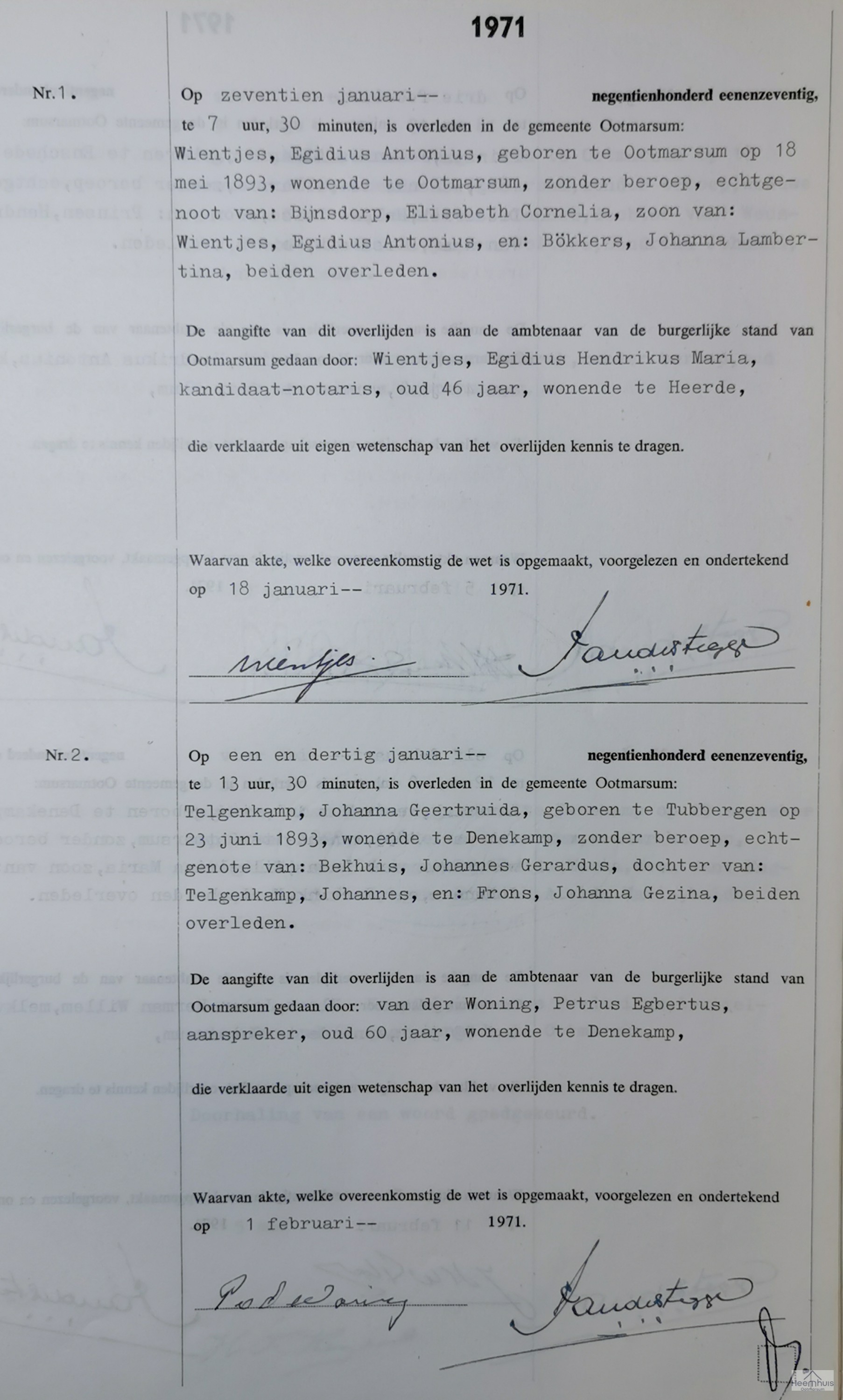 Overlijdensakte van Egidius Antonius Wientjes