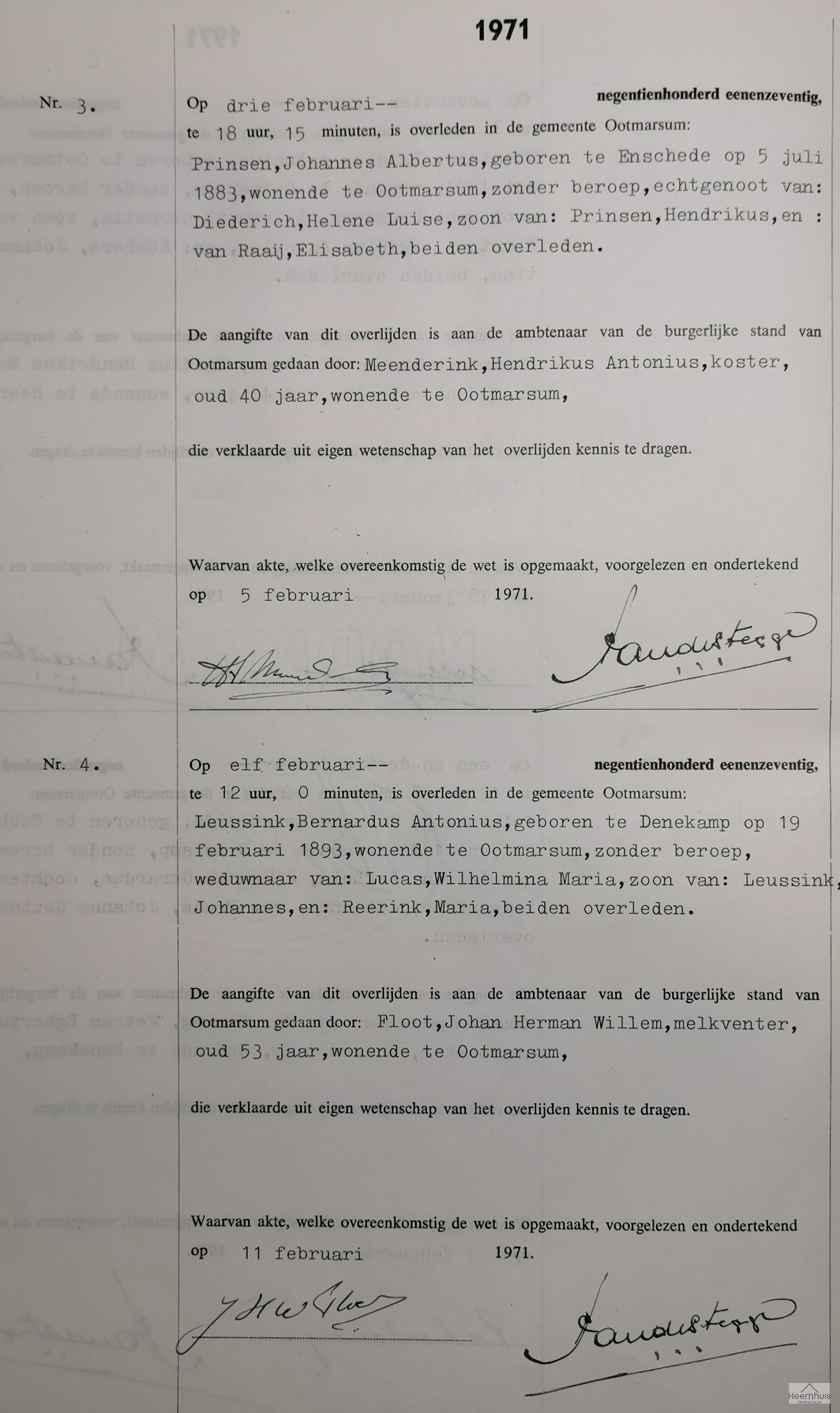 Overlijdensakte van Bernardus Antonius Leussink