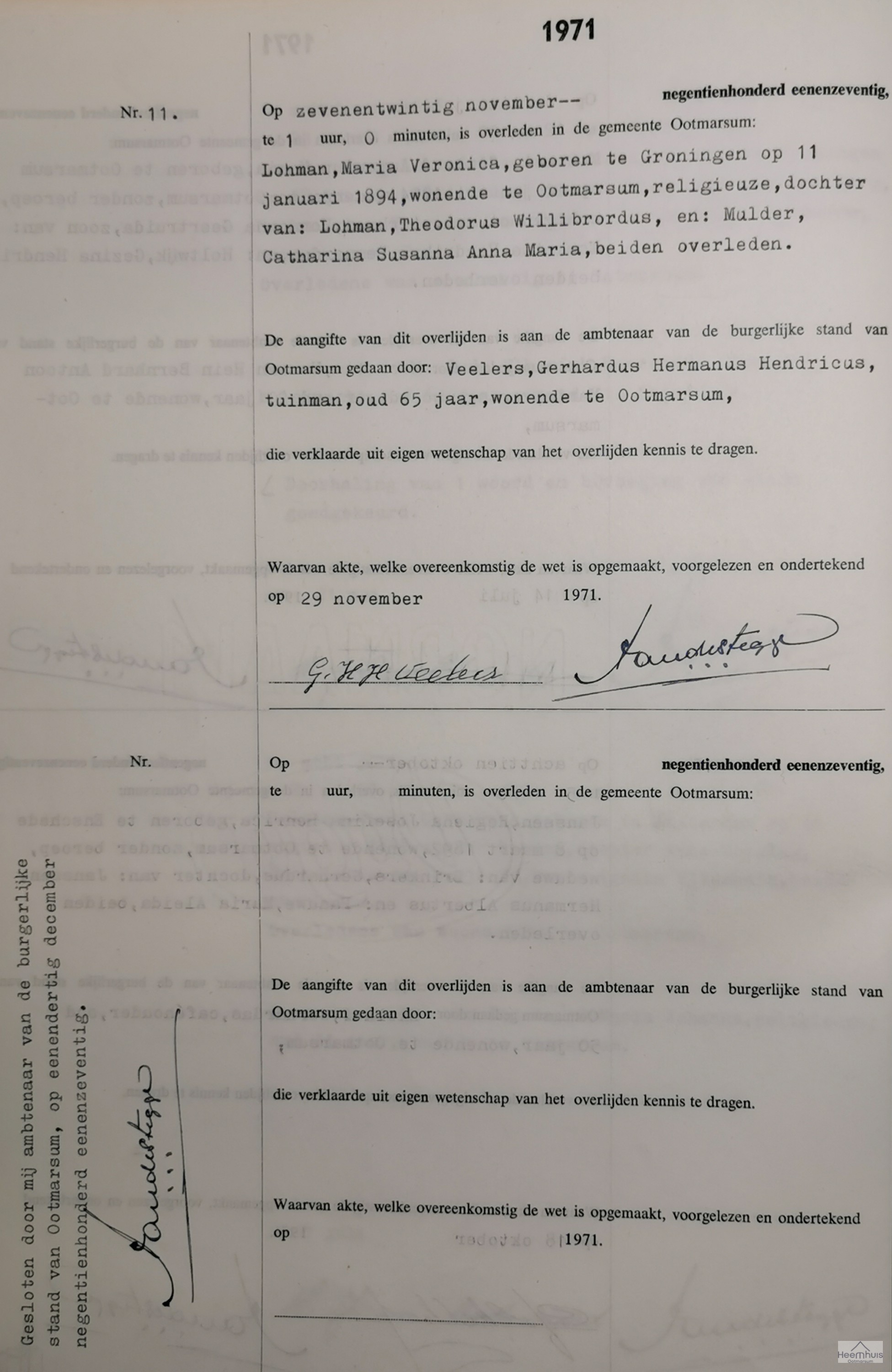 Overlijdensakte van Maria Veronica Lohman