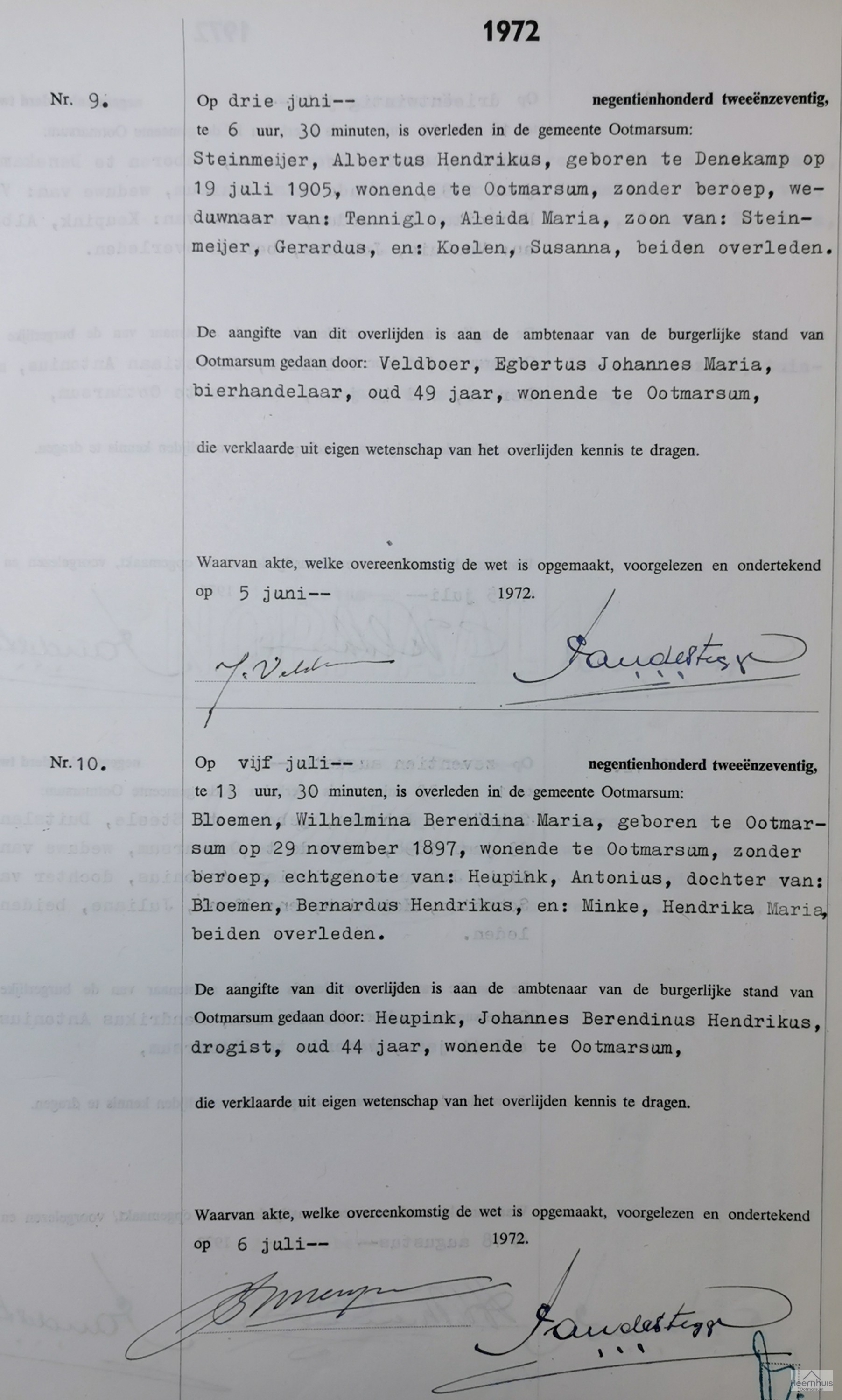 Overlijdensakte van Wilhelmina Berendina Maria Bloemen