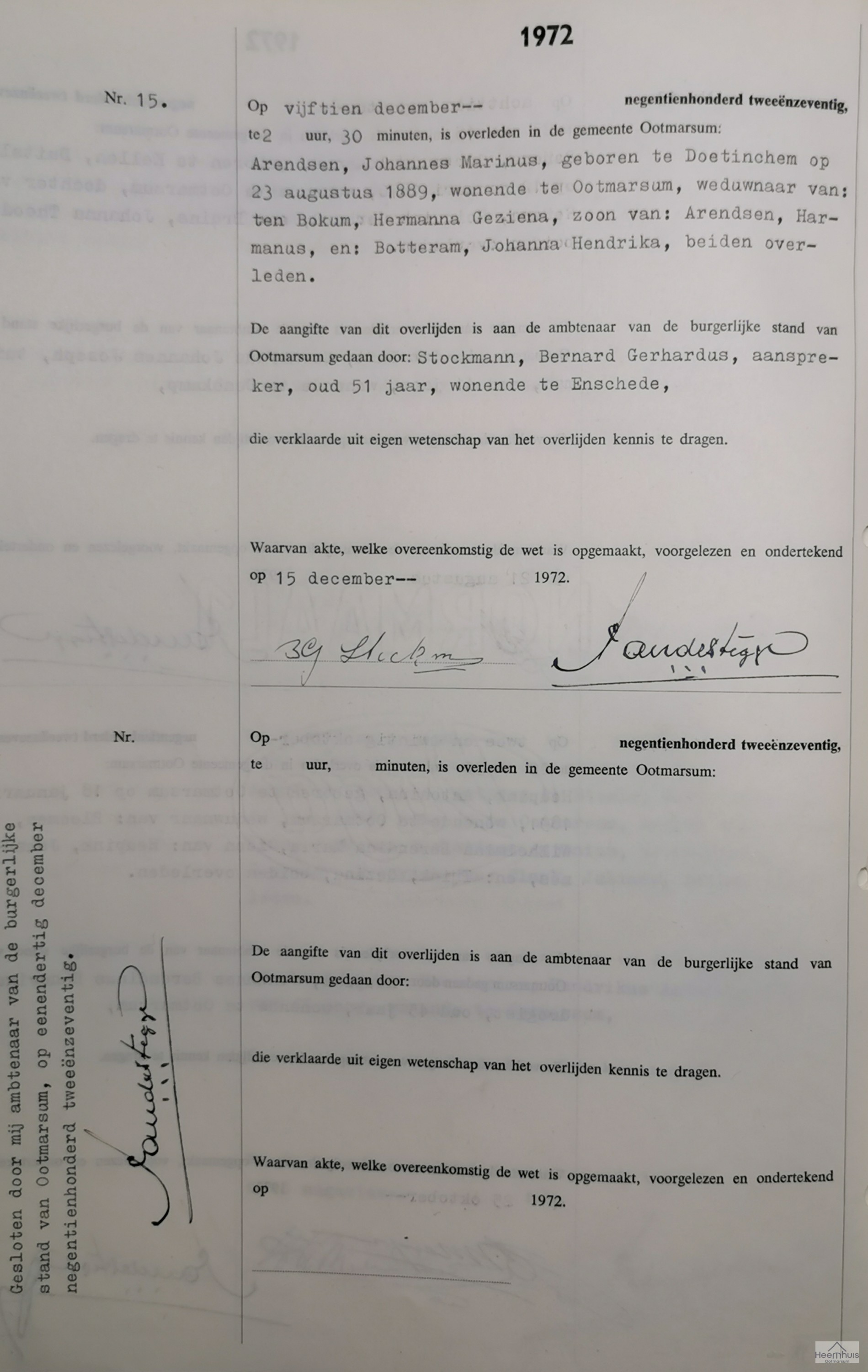 Overlijdensakte van Johannes Marinus Arendsen