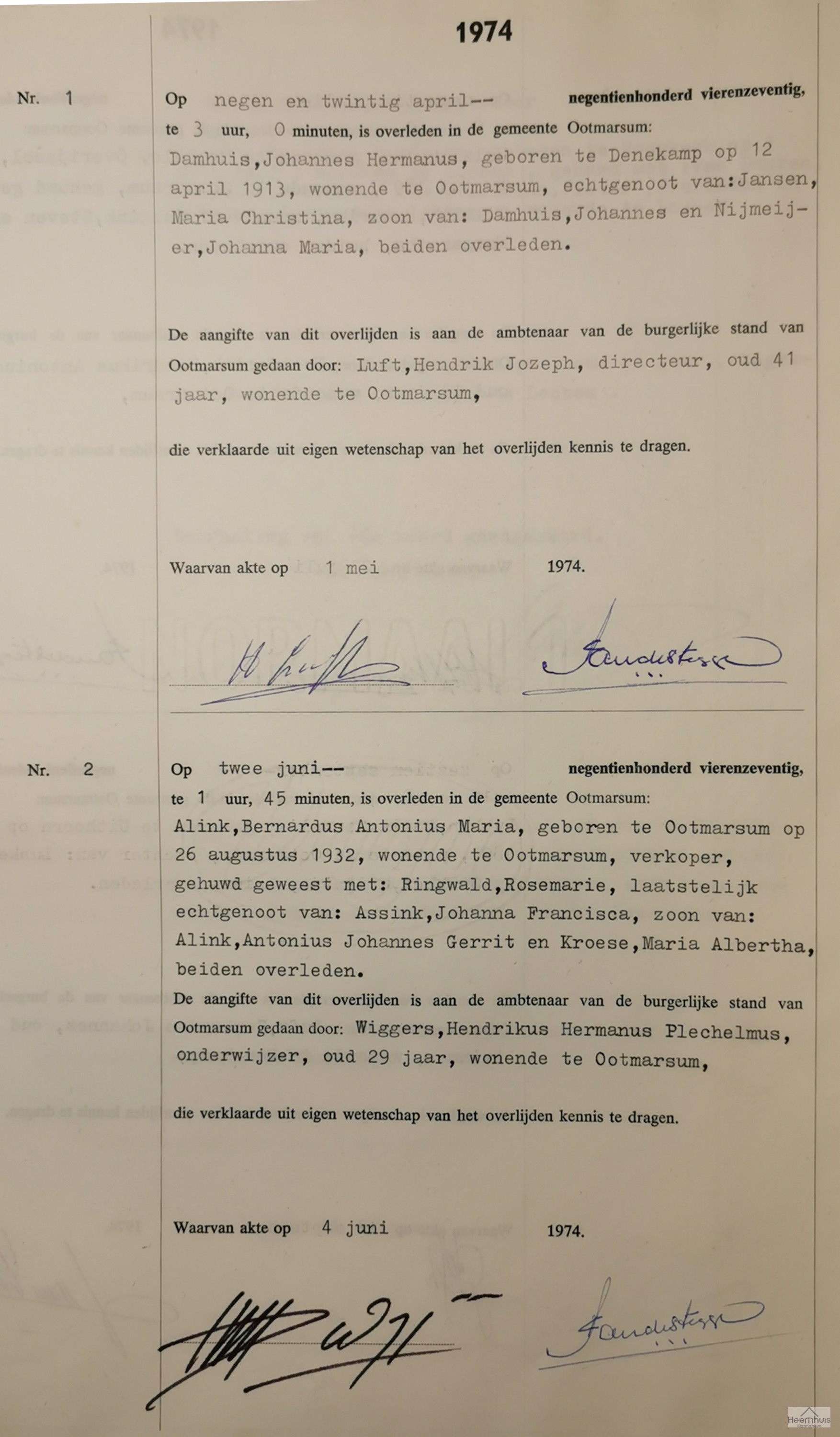 Overlijdensakte van Johannes Hermanus Damhuis