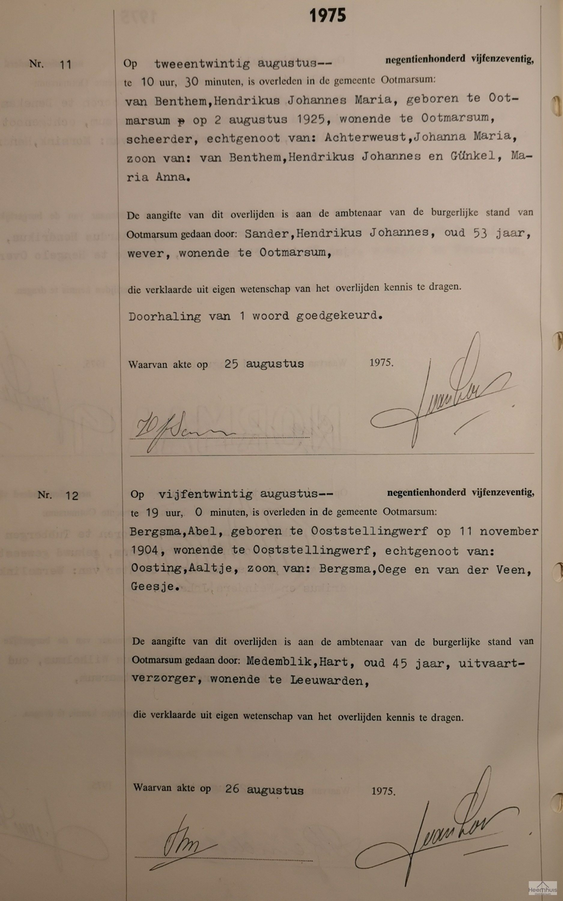 Overlijdensakte van Hendrikus Johannes Maria van Benthem
