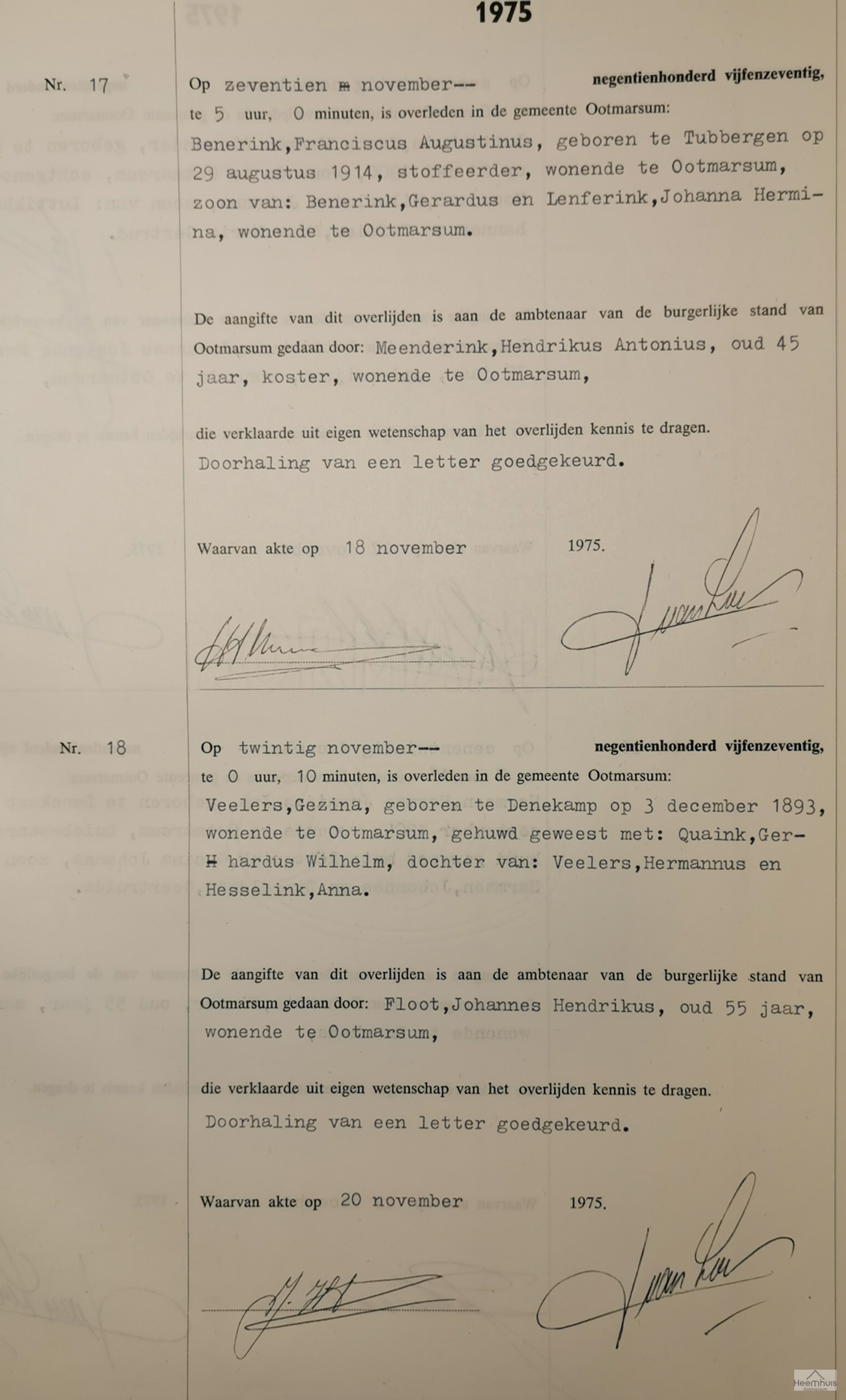 Overlijdensakte van Franciscus Augustinus Benerink