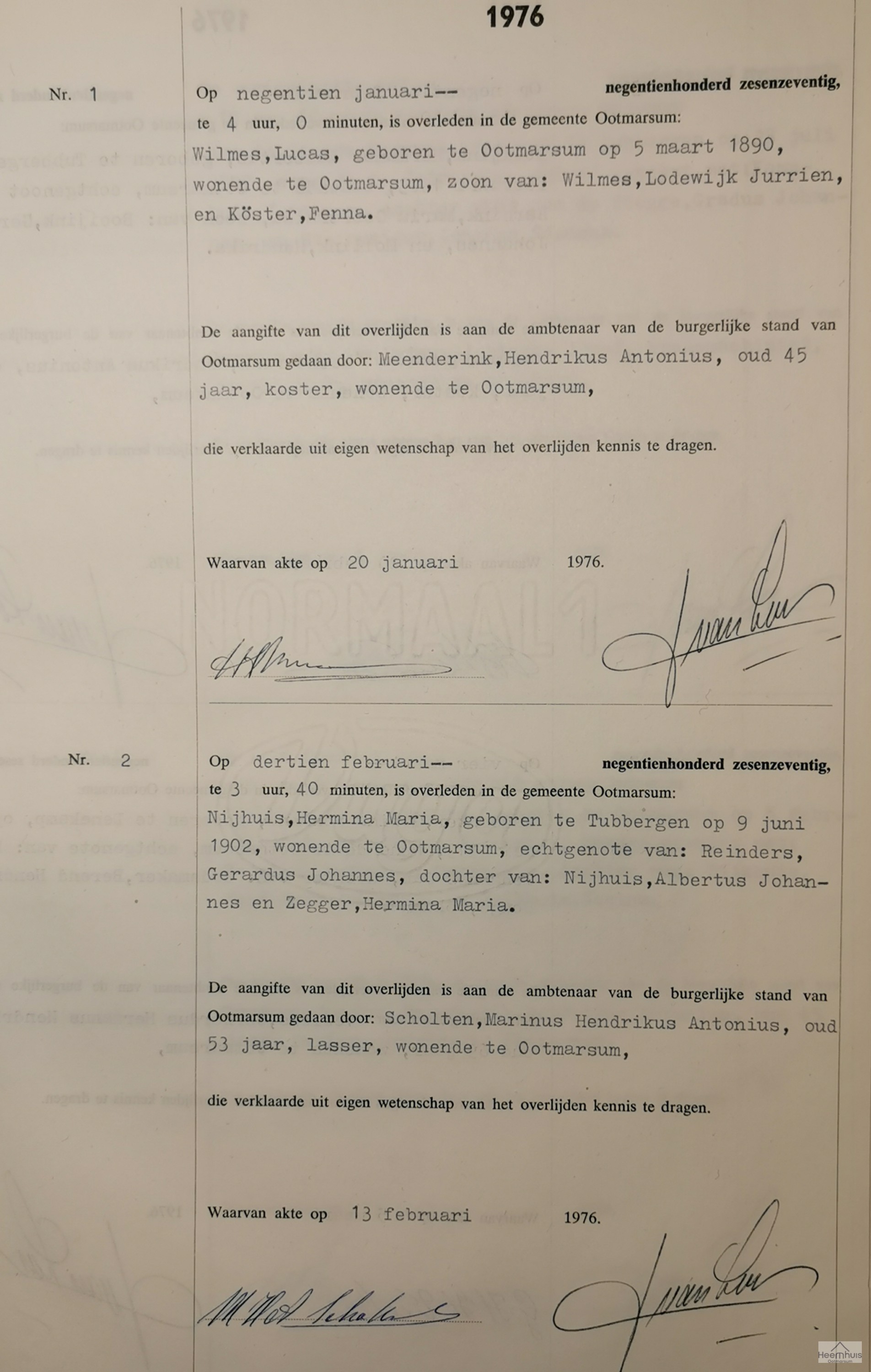 Overlijdensakte van Hermina Maria Nijhuis