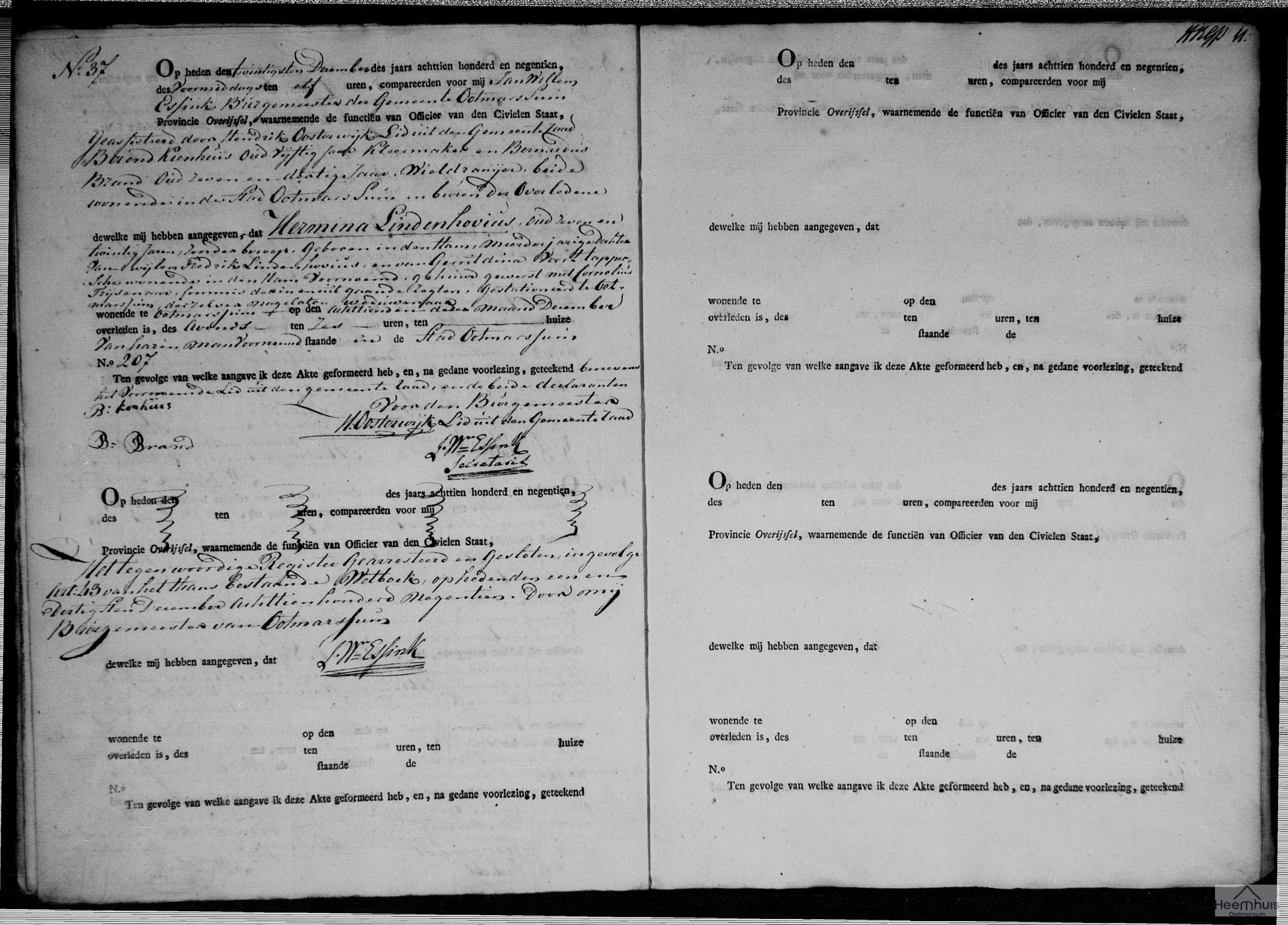 Overlijdensakte van Hermina Lindenhovius