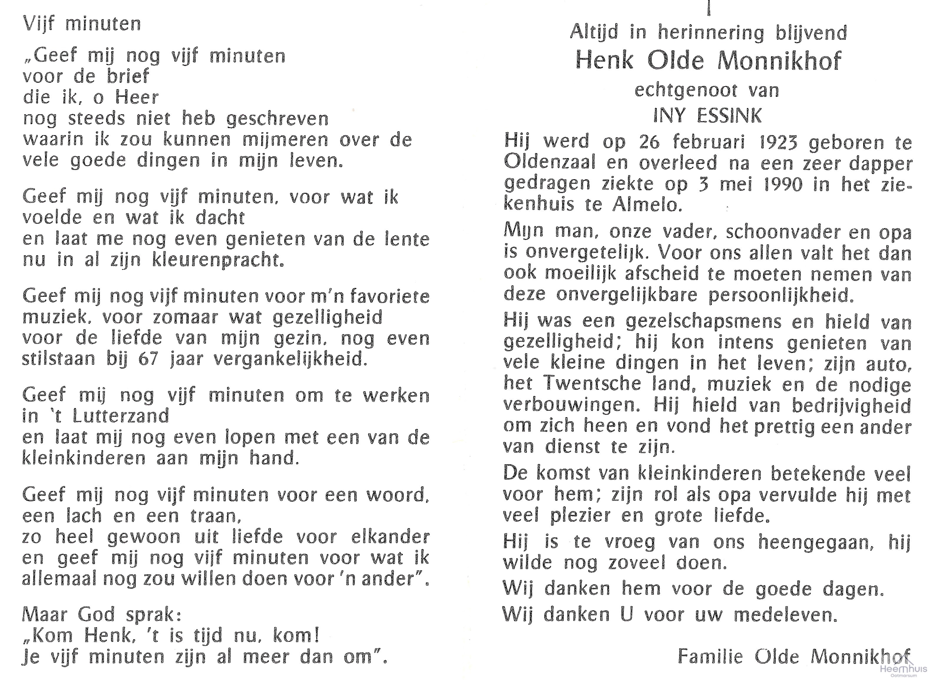 Bidprentje van Hendrik J. Olde Monnikhof