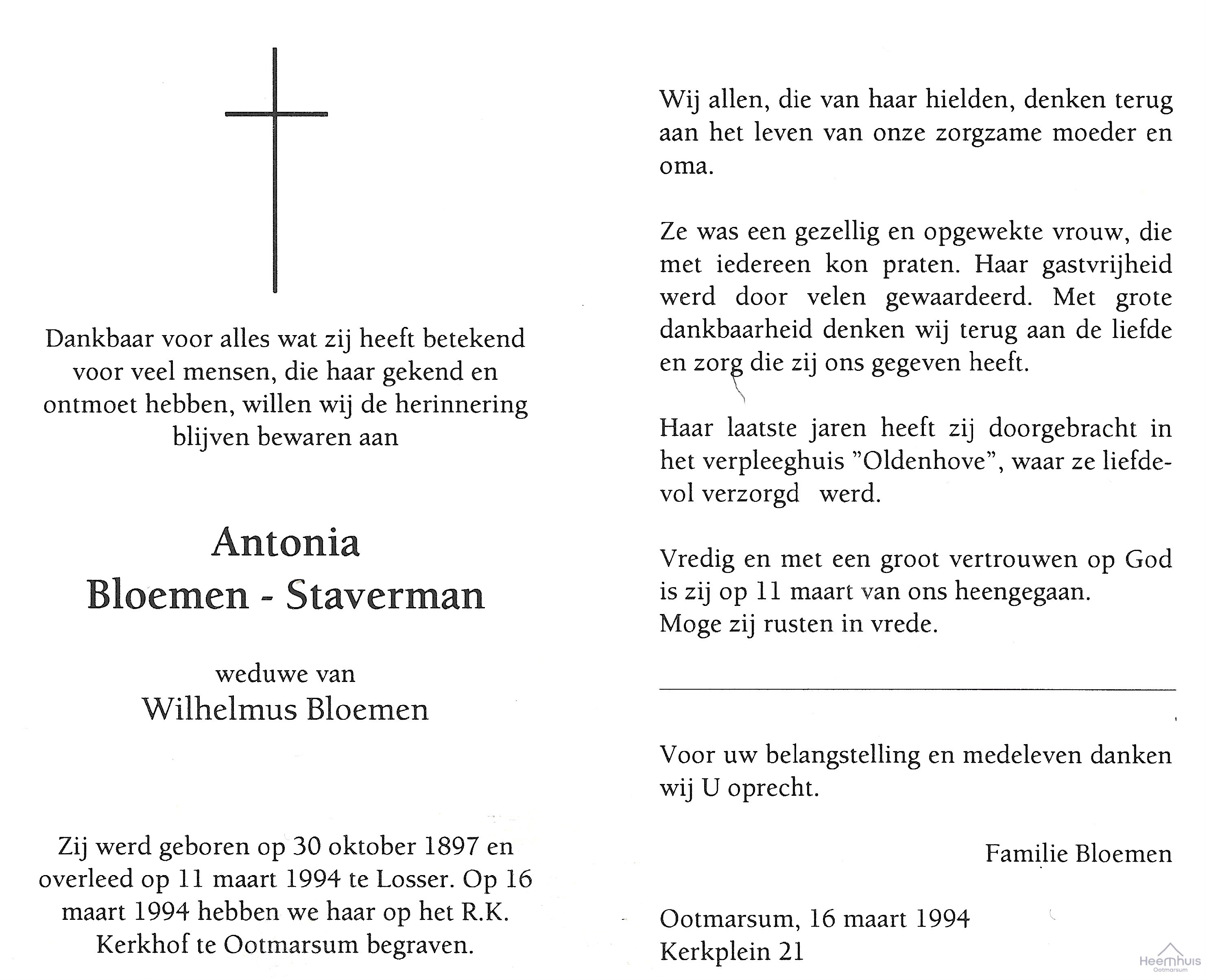 Bidprentje van Antonia Staverman