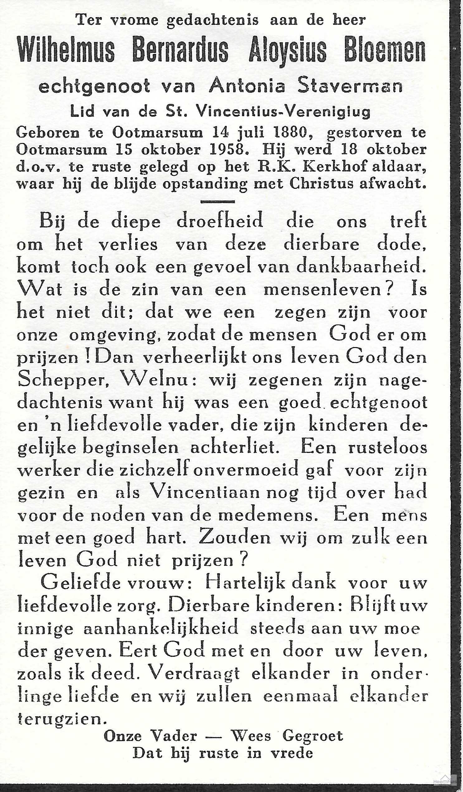 Bidprentje van Wilhelmus Bernardus Aloijsius Bloemen