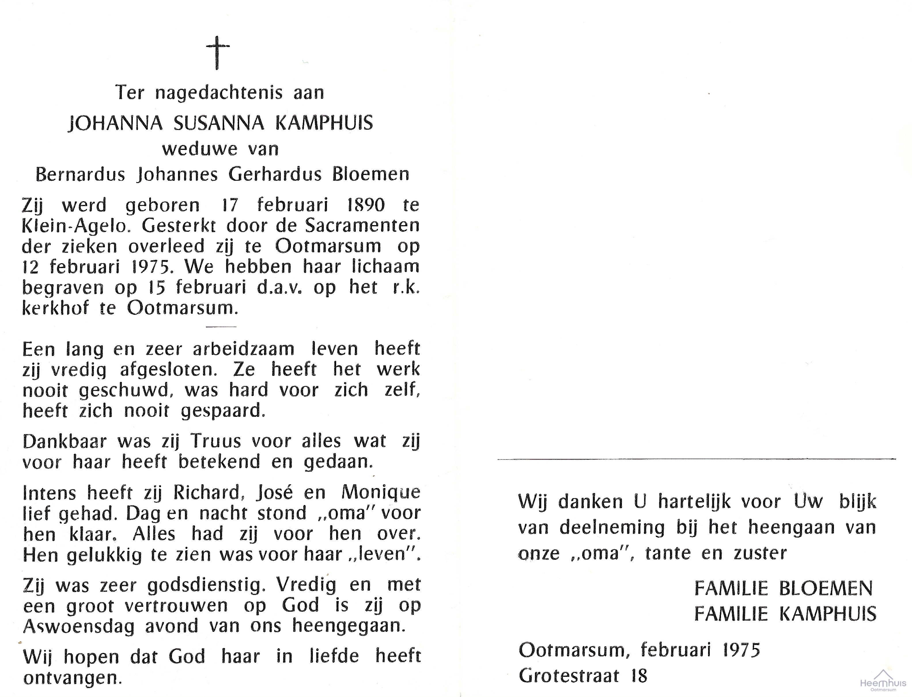 Bidprentje van Johanna Susanna Kamphuis