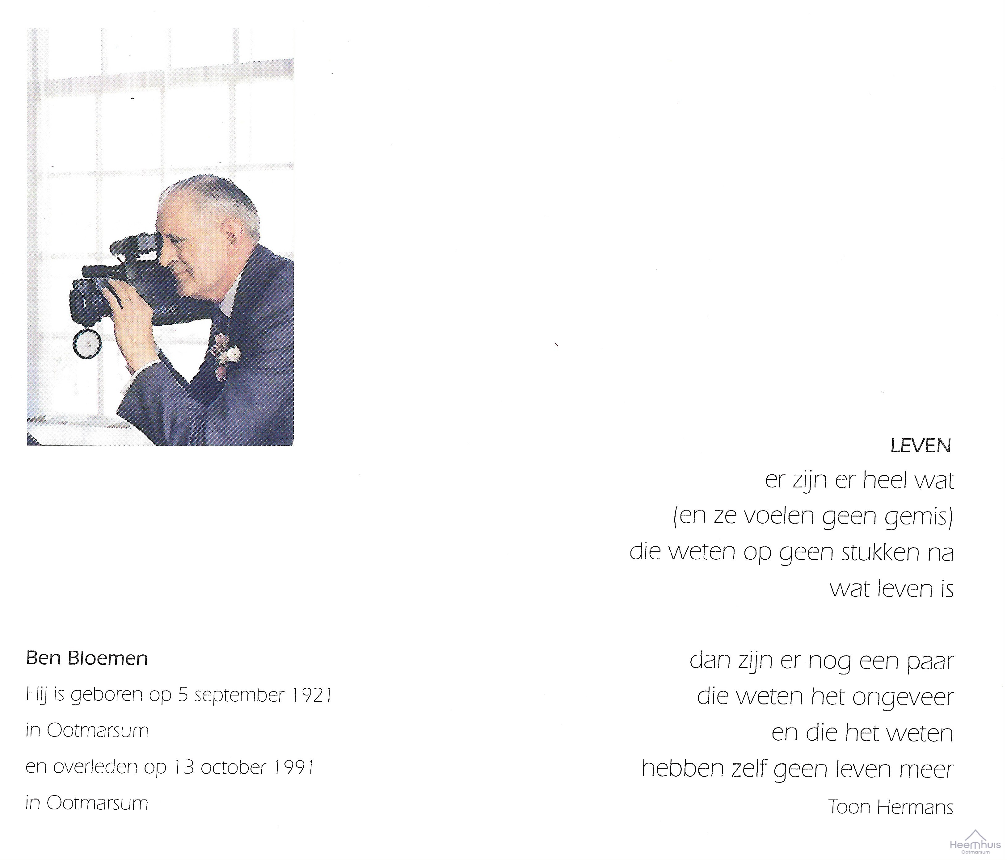 Bidprentje van Bernardus Johannes Antonius Bloemen