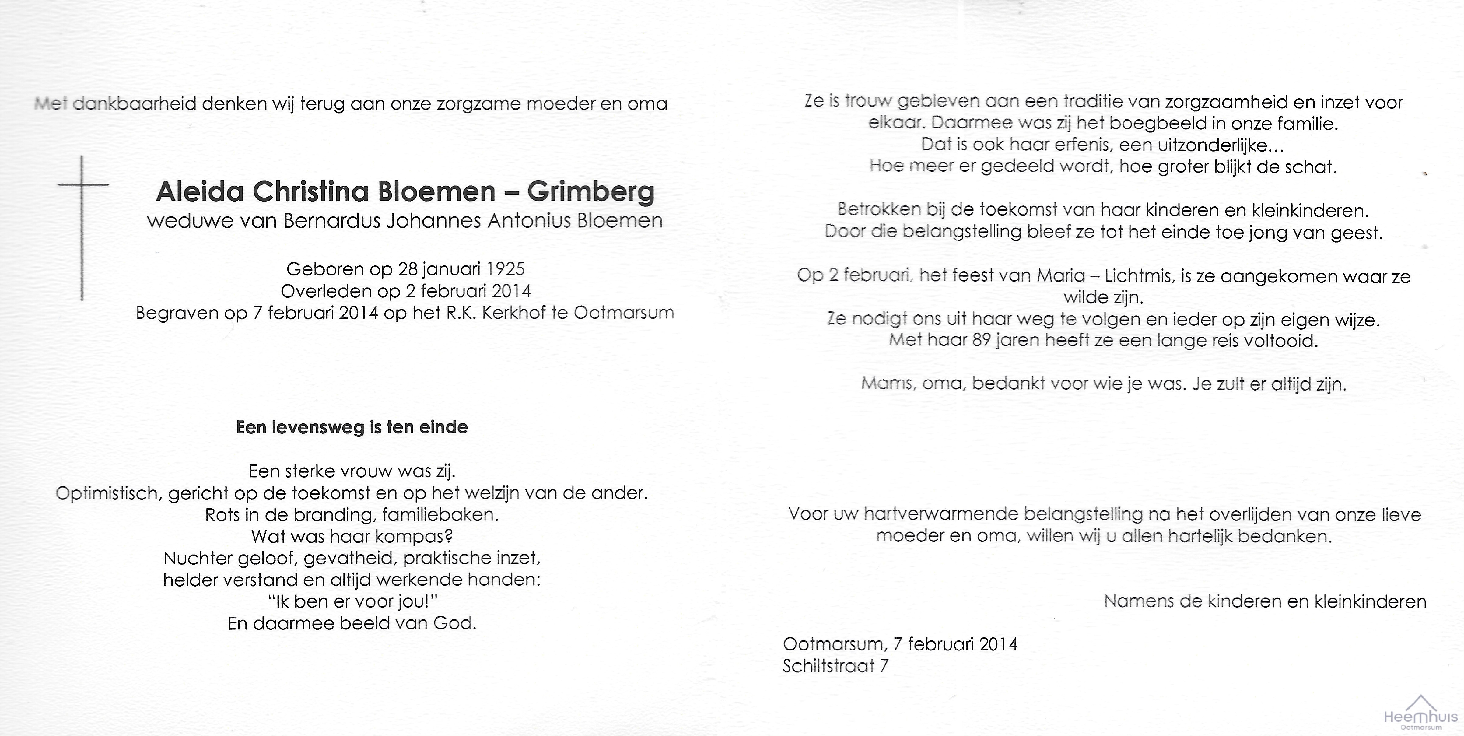 Bidprentje van Aleida Christina Grimberg